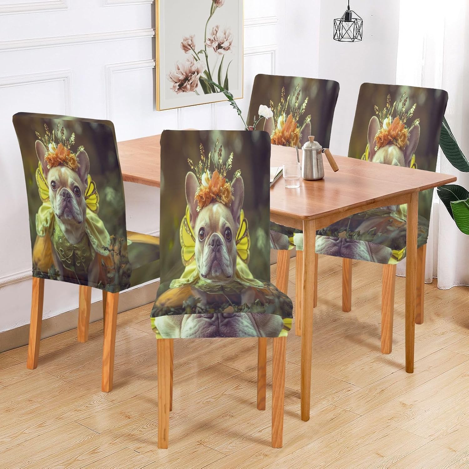 ALAZA Chair Covers for Dining Room, French Bulldog Dog Dressed Up Floral Stretch Chair Cover Sets Chair Protector Removable Washable for Ktichen Restaurant Hotel