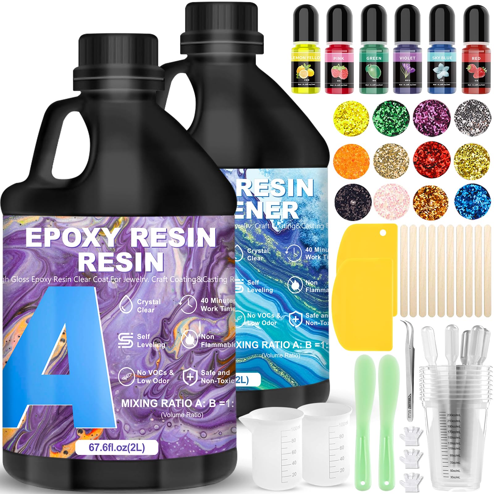 Resina Epossidica Trasparente 4l/135.2oz, Kit Resina Epossidica Completo, Kit Resina per Creazioni, Resina Trasparente, Resina Kit, Epoxy Resin per Gioielli fai da te,Orecchini,Legno,Stampi