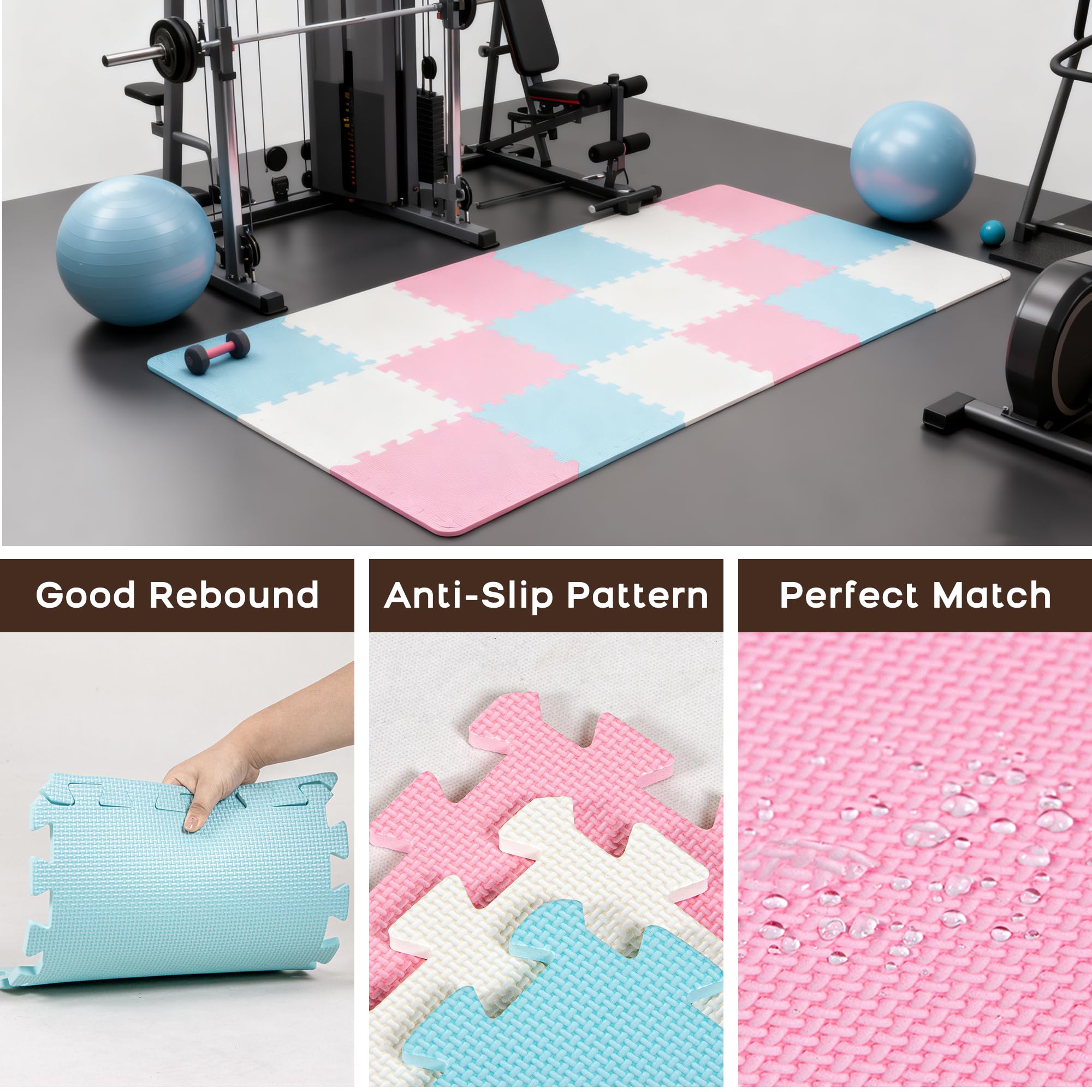 Mocosy (30 x 30 x 1 cm) Interlocking Floor Mats Soft Foam Mat Play Mat Gymnastics Mat (18 Pack, Blue, White, Grey