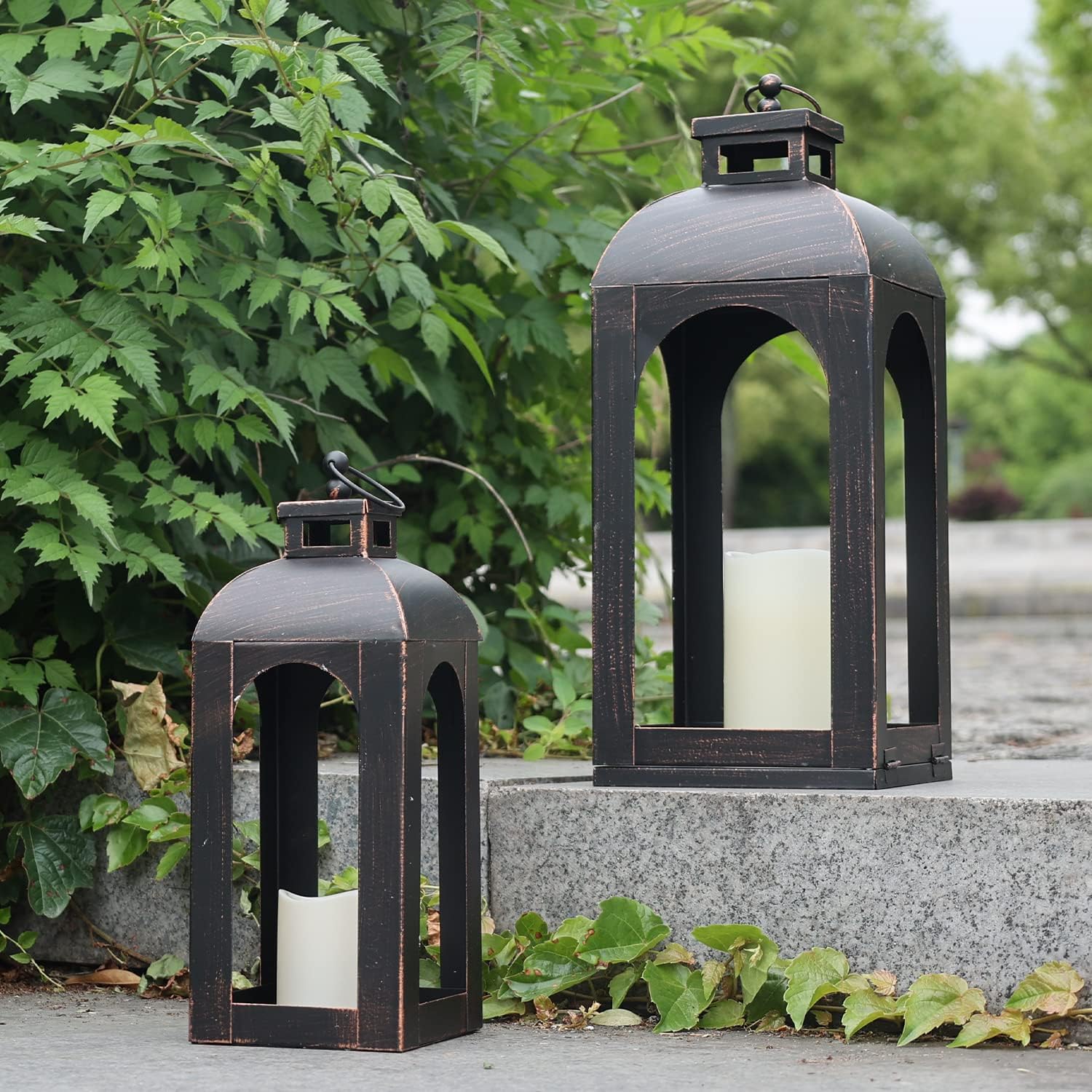 NOT TESTED DECORKEY LED Lantern Decorative Outdoor&Indoor, Set of 2 (17’’&13’’) Black Metal Lanterns Decor, Vintage Hanging Candle Holder for Home Porch Wedding Halloween Christmas Decorations Battery Powered Black / 17’’+13’’