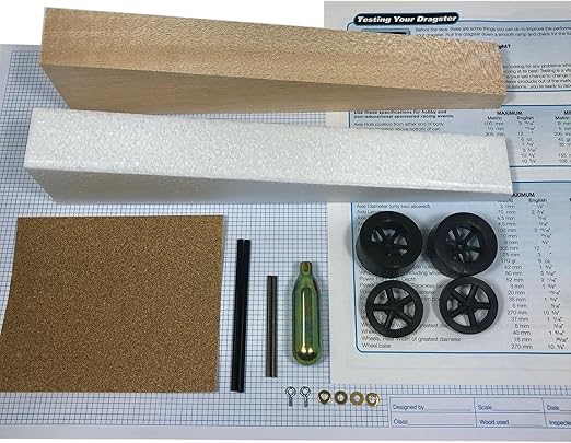 Basswood Dragster Design and Build Kit - Includes 12-inch Basswood Blank, Foam Blank for Prototyping, Co2 Cartridge, Wheels, Axles, Sandpaper, Graph Paper, and Instructions - SciencePurchase