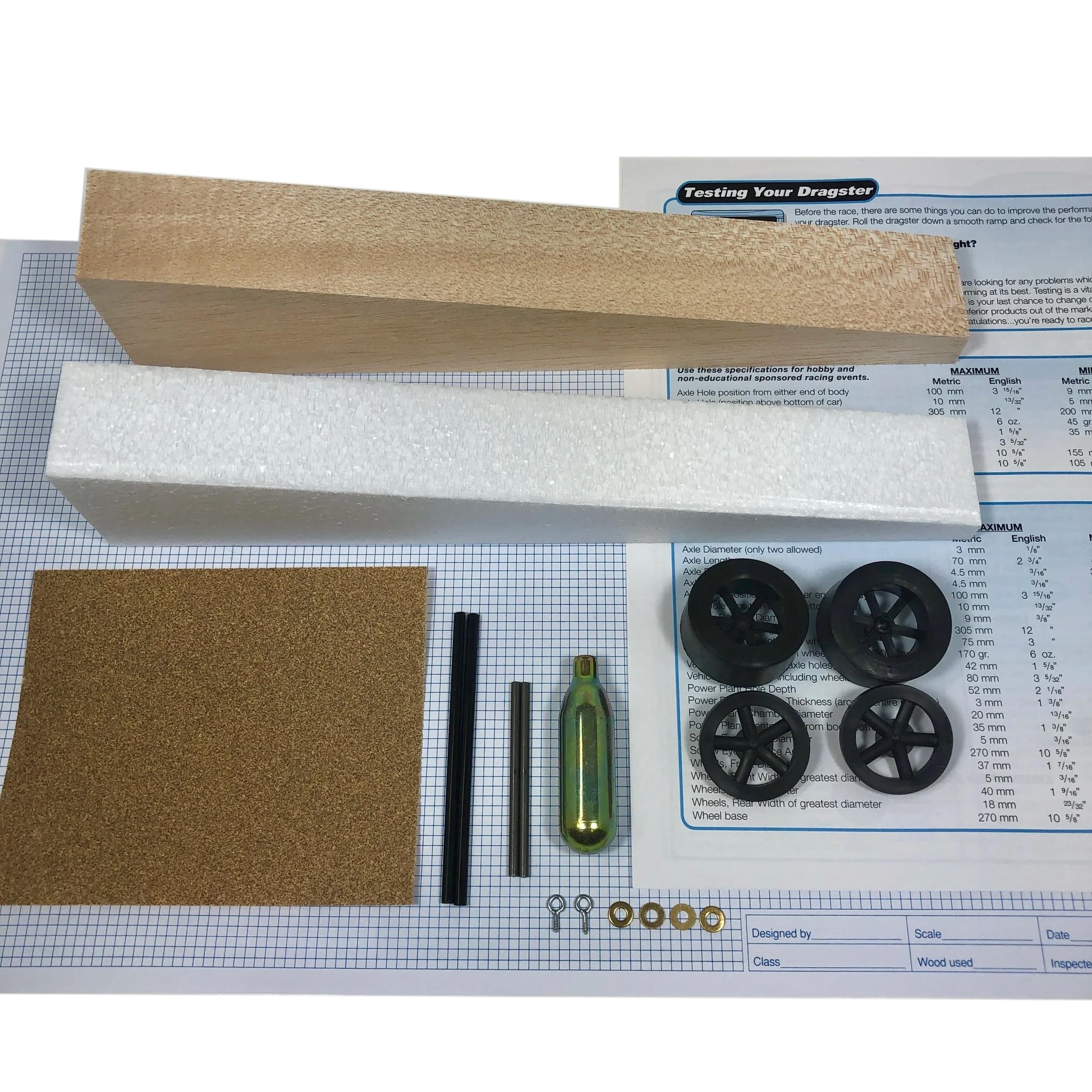 Kit de diseño y construcción de Dragster de madera de tilo Incluye pieza en blanco de espuma de tilo de 12 pulgadas para crear prototipos, ruedas con cartuchos de CO2, ejes, papel de lija, papel cuadriculado e instrucciones SciencePurchase