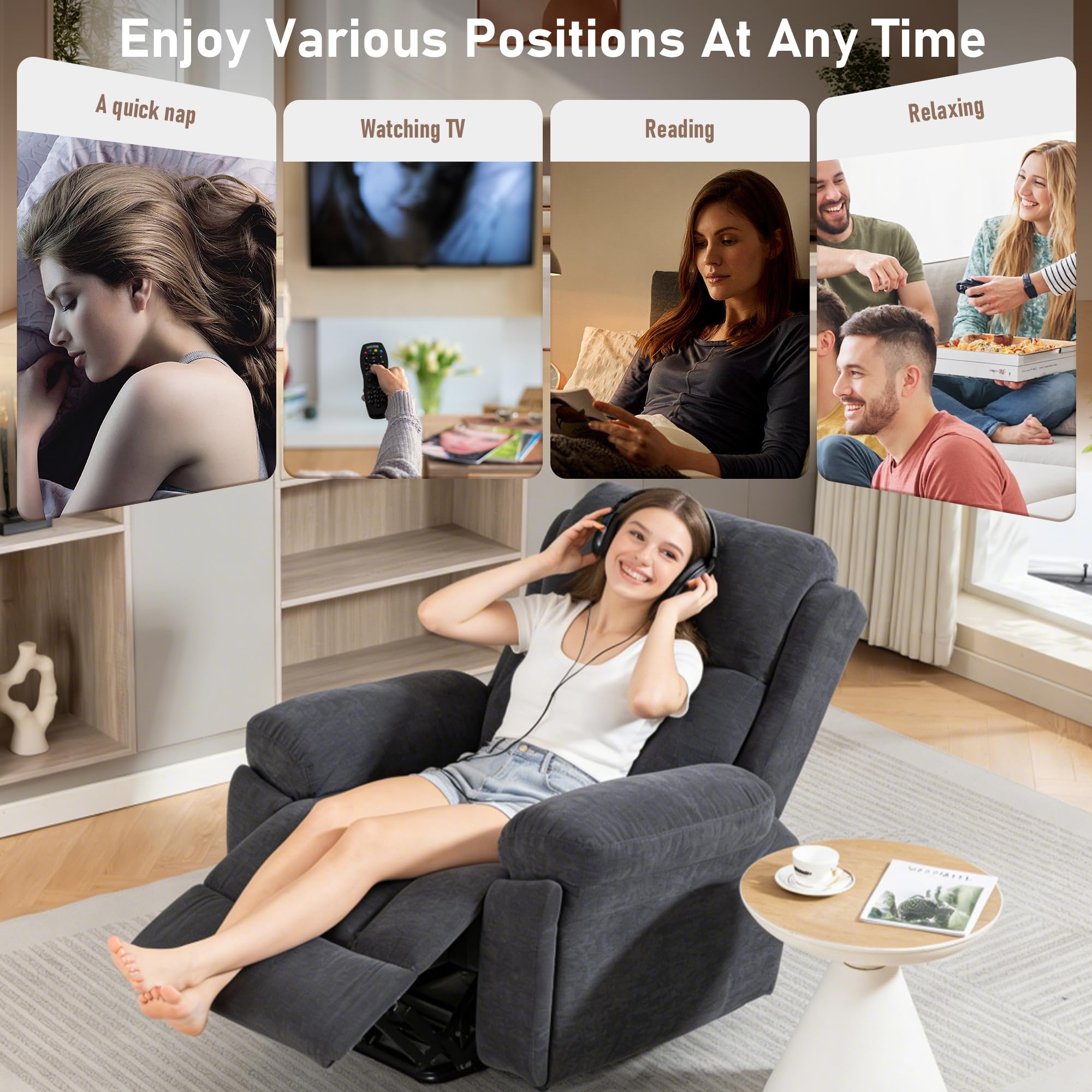 Fernsehsessel Relaxsessel mit Aufstehhilfe, Elektrischer Massagesessel mit Wärmefunktion, 2 Seitentaschen, Getränkehalter, Seniorensessel TV-Sessel (Dunkelgrau)