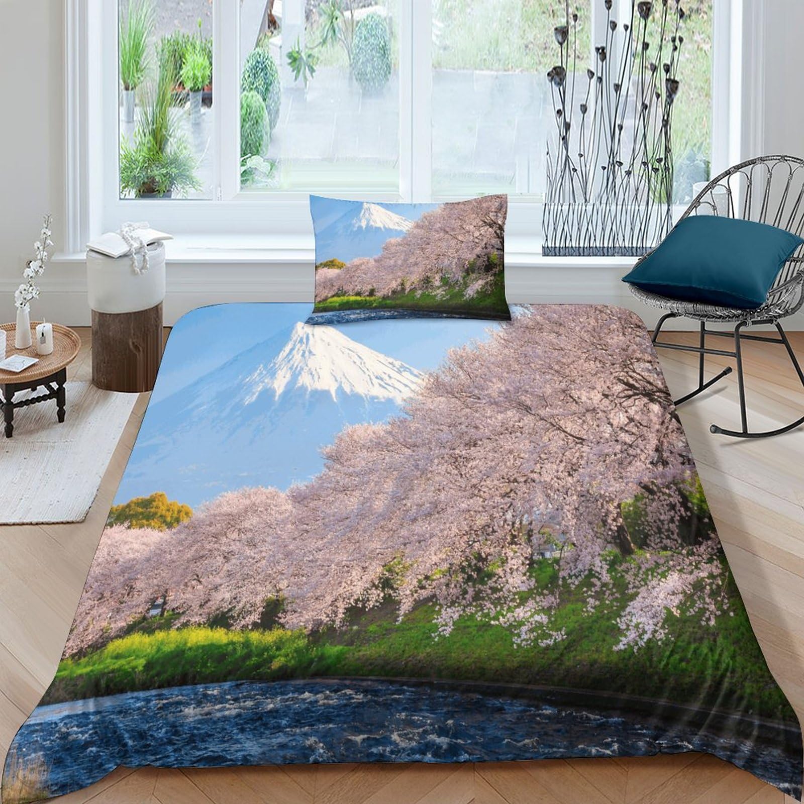 Parure de lit Mont Fuji 3D en microfibre avec housse de couette et taies