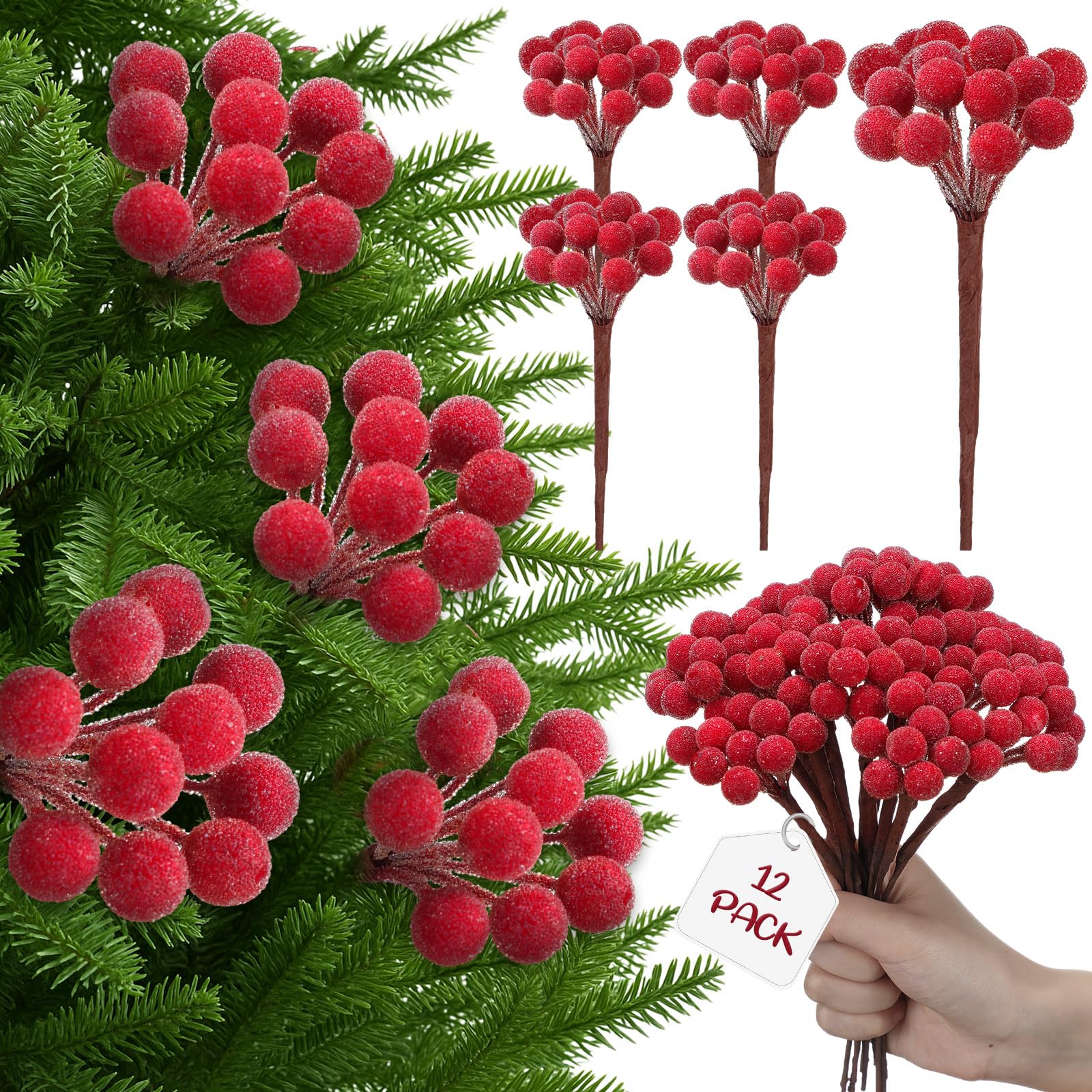 Leinuosen 12 Stück rote Zuckerbeerenspieße, 22,9 cm, künstlicher Weihnachtskranz, Beerenstiele, Weihnachtszweige, Ornamente, Dekorationen für Baumspitze, Vasenfüller, Heimtischdekoration