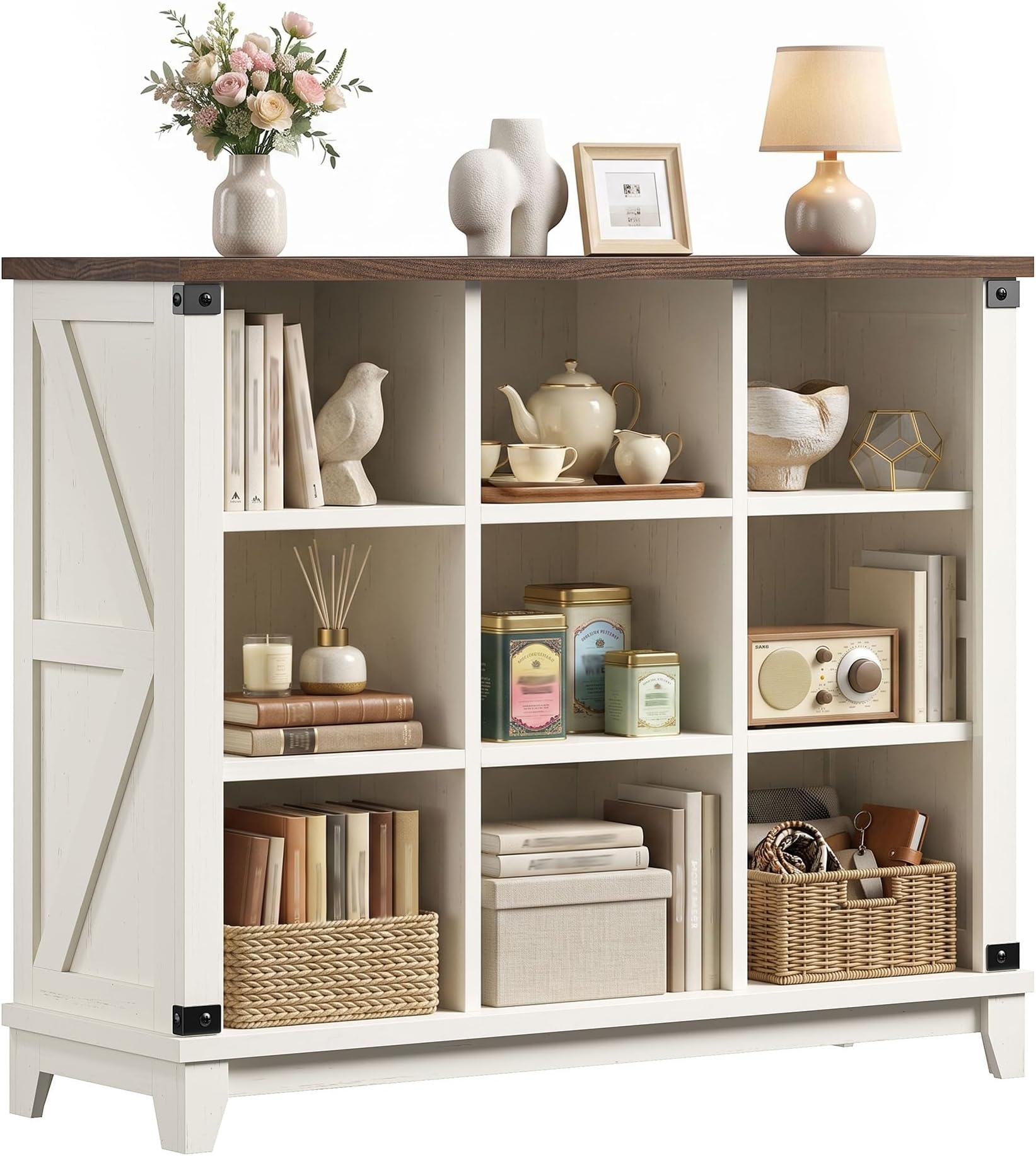 Farmhouse 9-Cube Storage Organizer for Living Room, White | Home Organization Lovers, Wood & Metal, Holds 386 Lbs, Anti-Tip & Stabilizers