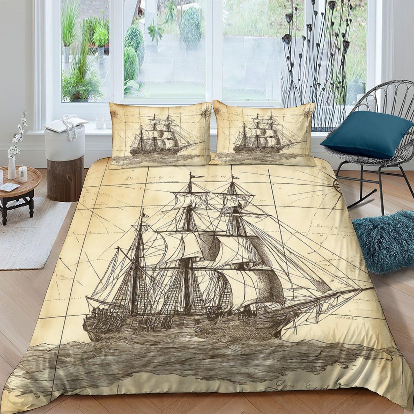 GPLZQXKJNH 3D Printed Vintage Sailing Ship Duvet Cover Microfiber Soft Breathable Nautical Map Bedding Set with 2 Pillowcases for Bedroom Decor Single（135x200cm）