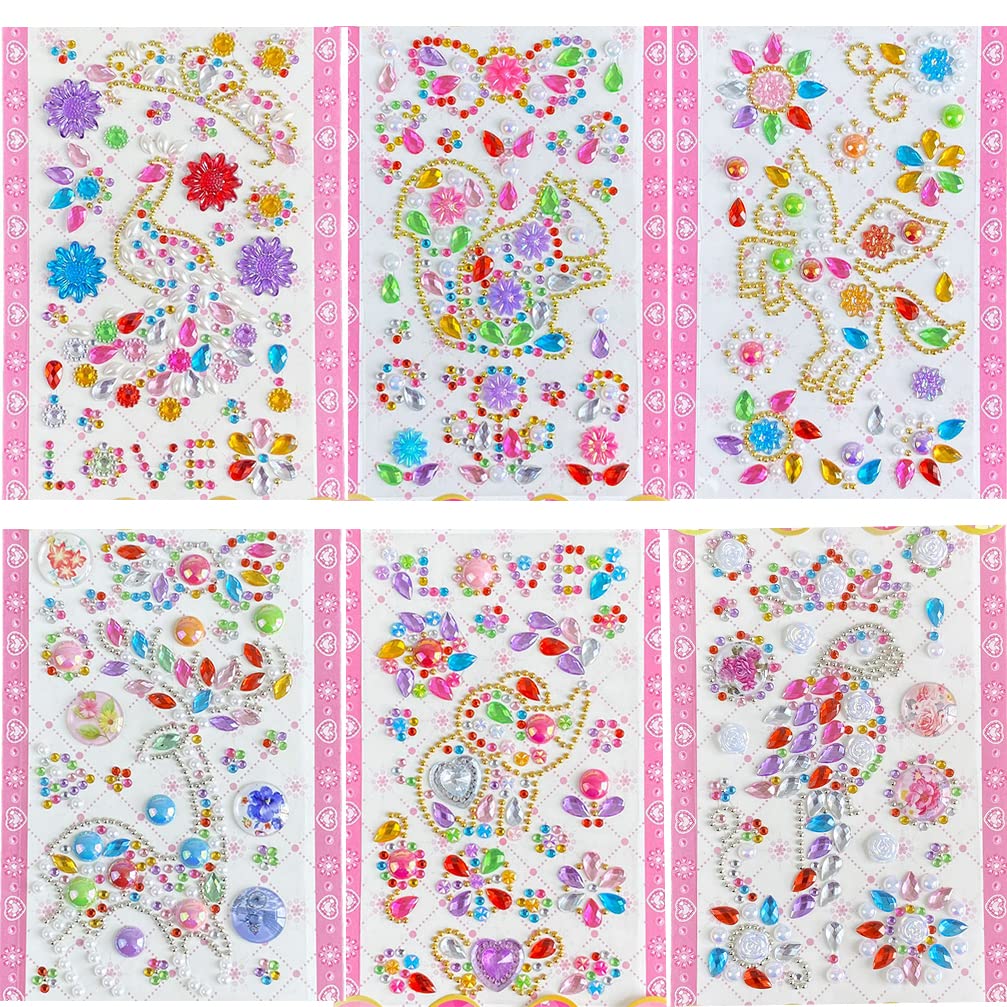 6 Sheets Glitter Rhinestones Self Adhesive Crystal Rainbow Makeup Diamonds Face Stick Gems Tattoo Sticker for Women Festival Accessory and Nail Art Decorations