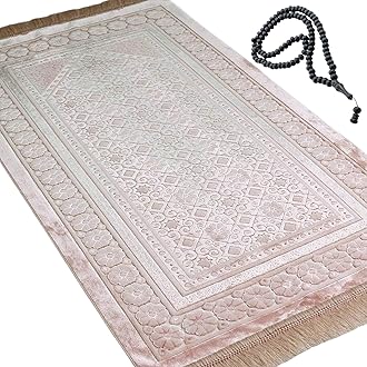 Modefa Velvet Prayer Rug with Prayer Beads Turkish Janamaz Sajadah Floral Stamp Luxury Plush (Light Pink)