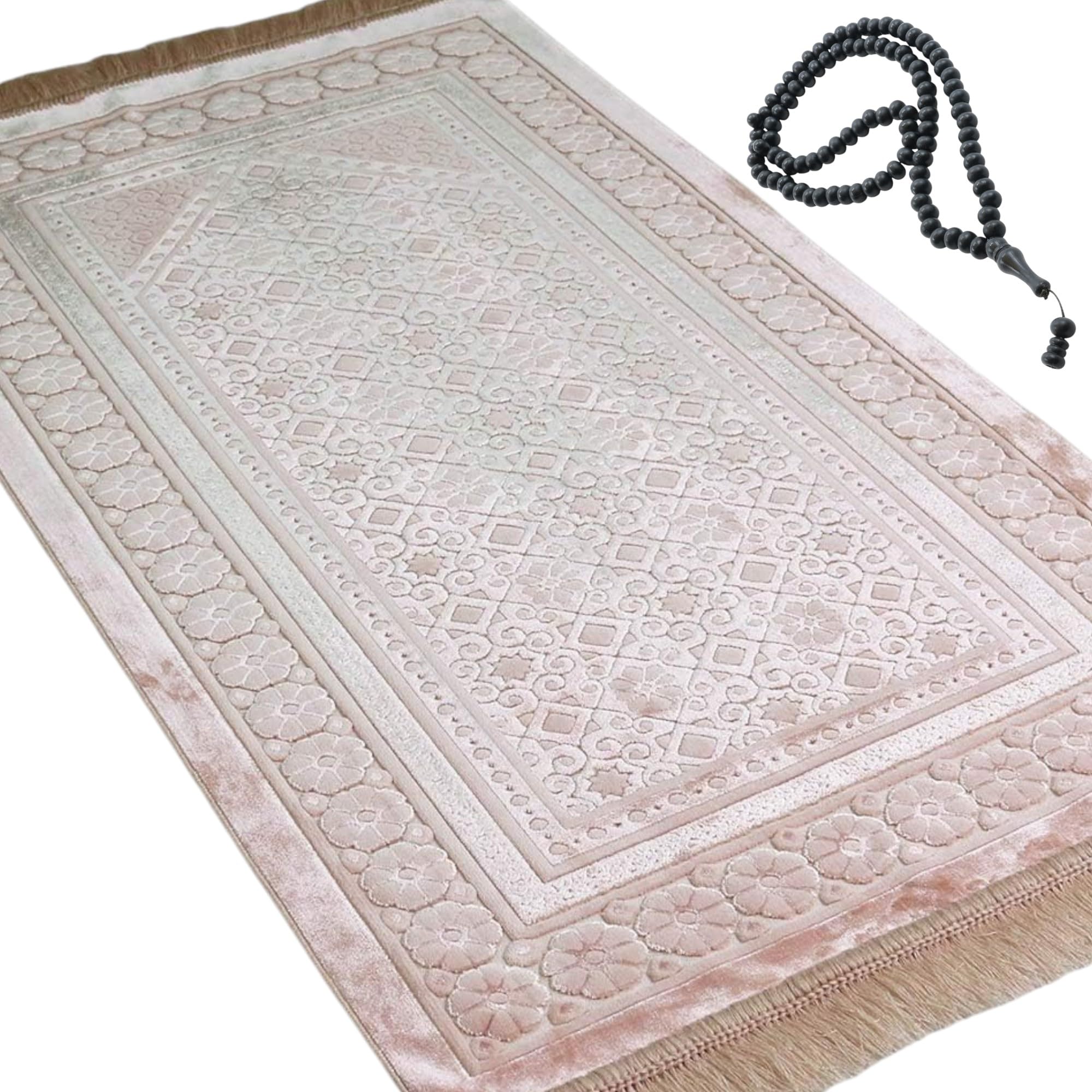 Modefa Velvet Prayer Rug with Prayer Beads Turkish Janamaz Sajadah Floral Stamp Luxury Plush (Light Pink)