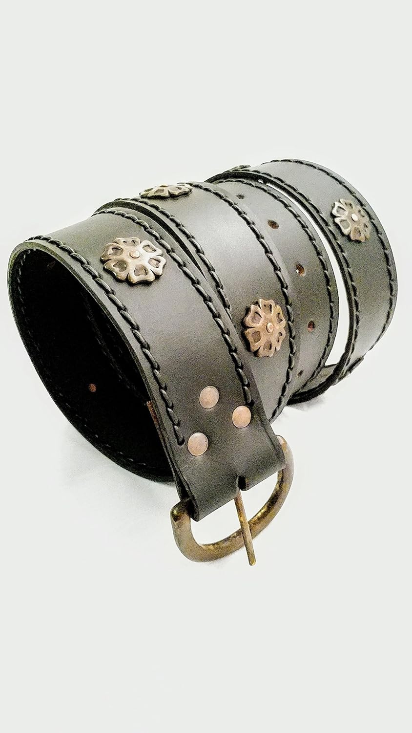 Windlass Medieval Black Genuine Leather Belt for Men with Antique Brass Roses – Knightly Costume, Viking & Renaissance Wear