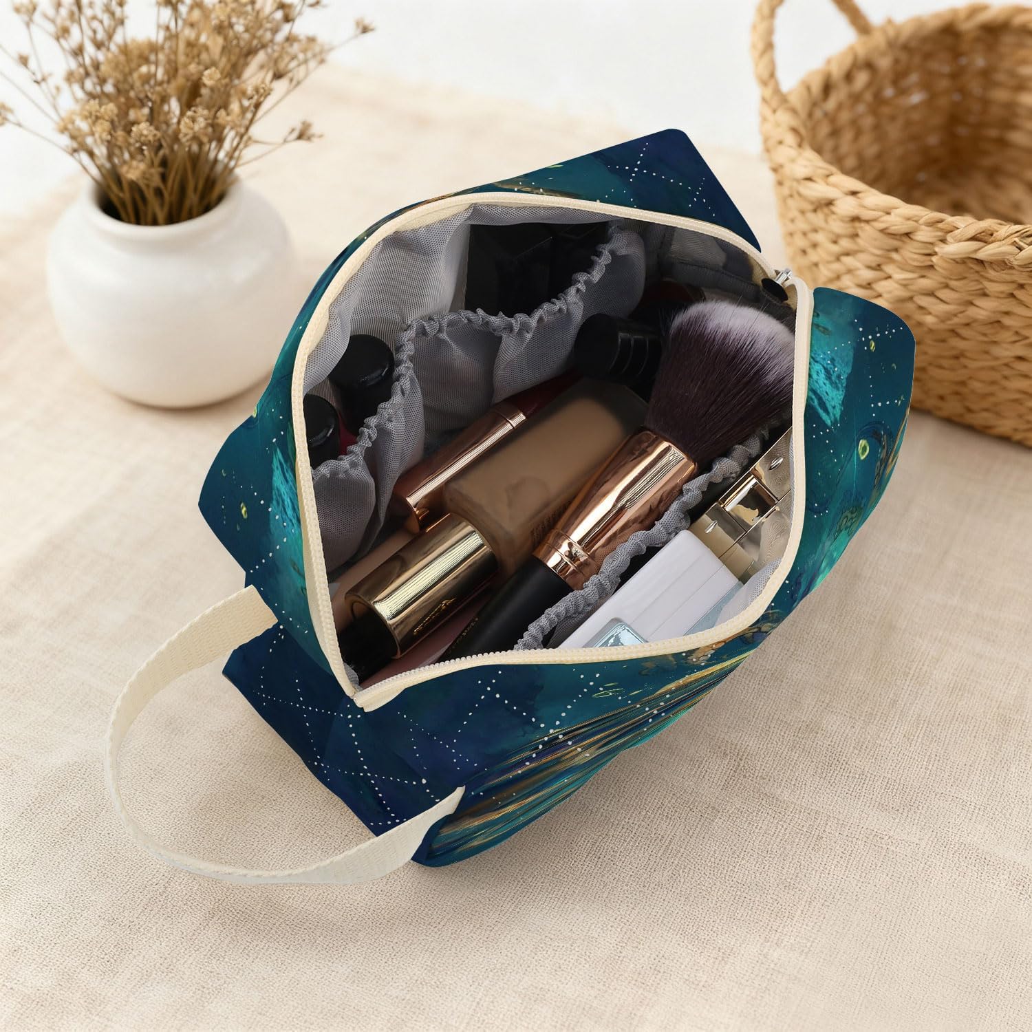 Octopus Printed Quilted Makeup Pouch for Women - Velvety Polyester Cosmetic Organizer w/Triple Compartments, Travel & Makeup Brush Holder - Image 4