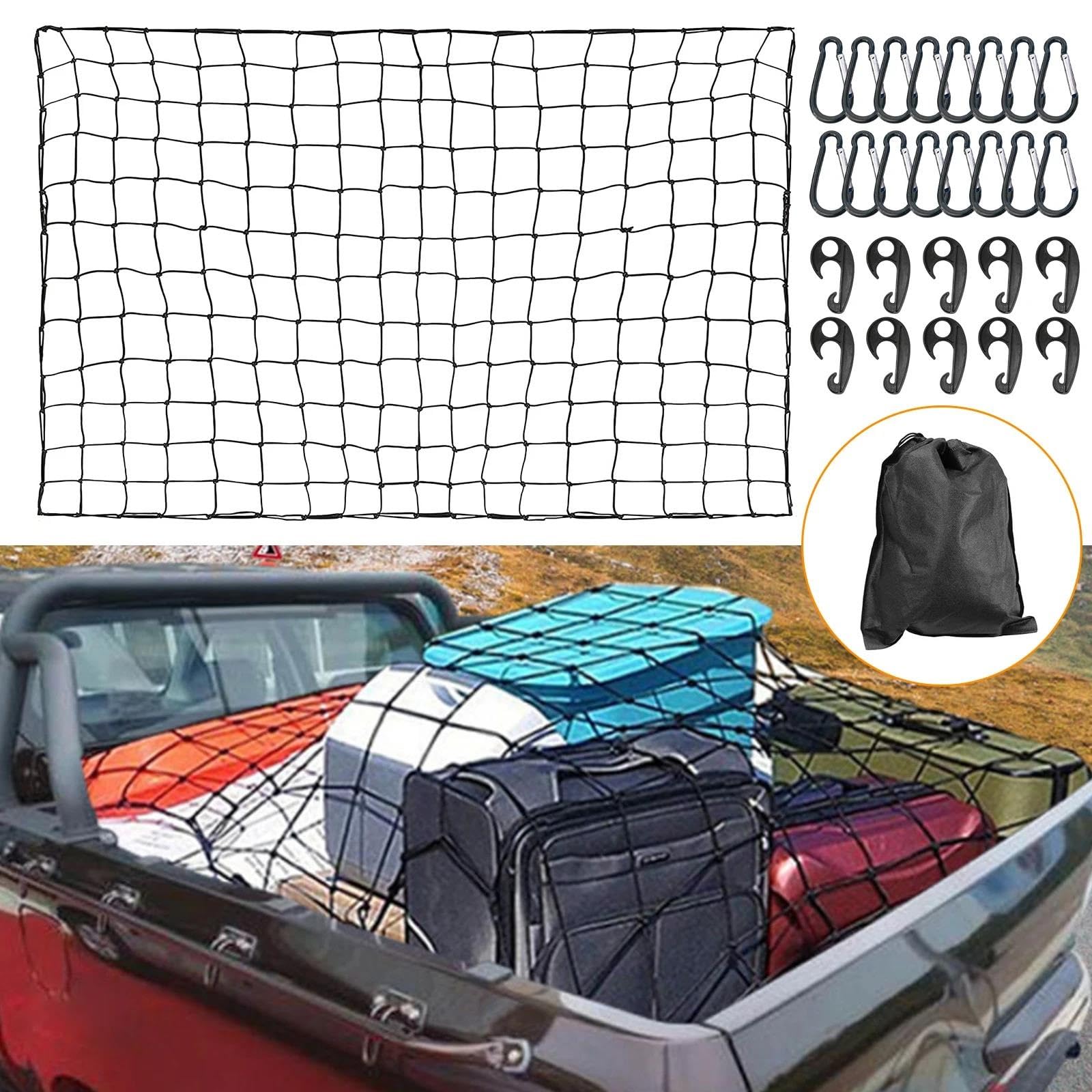 Gepäcknetz Ladungsnetz Mit 16 Karabinern Bungee-Ladungsnetz Latex-Ladungsnetz Die Ladefläche Von Pickups Und Für Den Reisegepäckträger Auf Dem Dach Eines SUV Aufbewahrung Netz