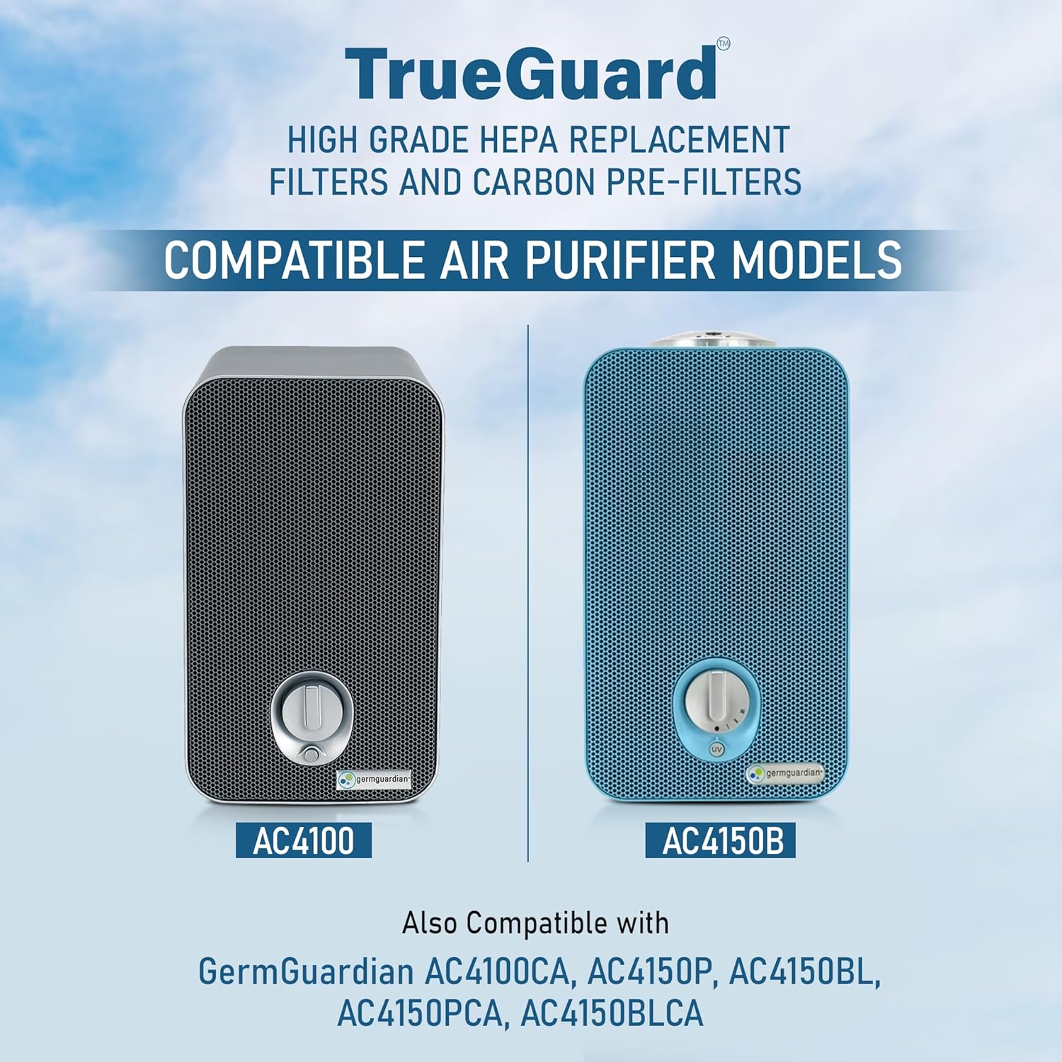 TrueGuard Air Purifier Replacement HEPA Filters FLT4100 Filter E | 2 Pack with 6 Pre-cut Activated Carbon Prefilters | Compatible with GermGuardian Models AC4100 Series, AC4150 Series & More.