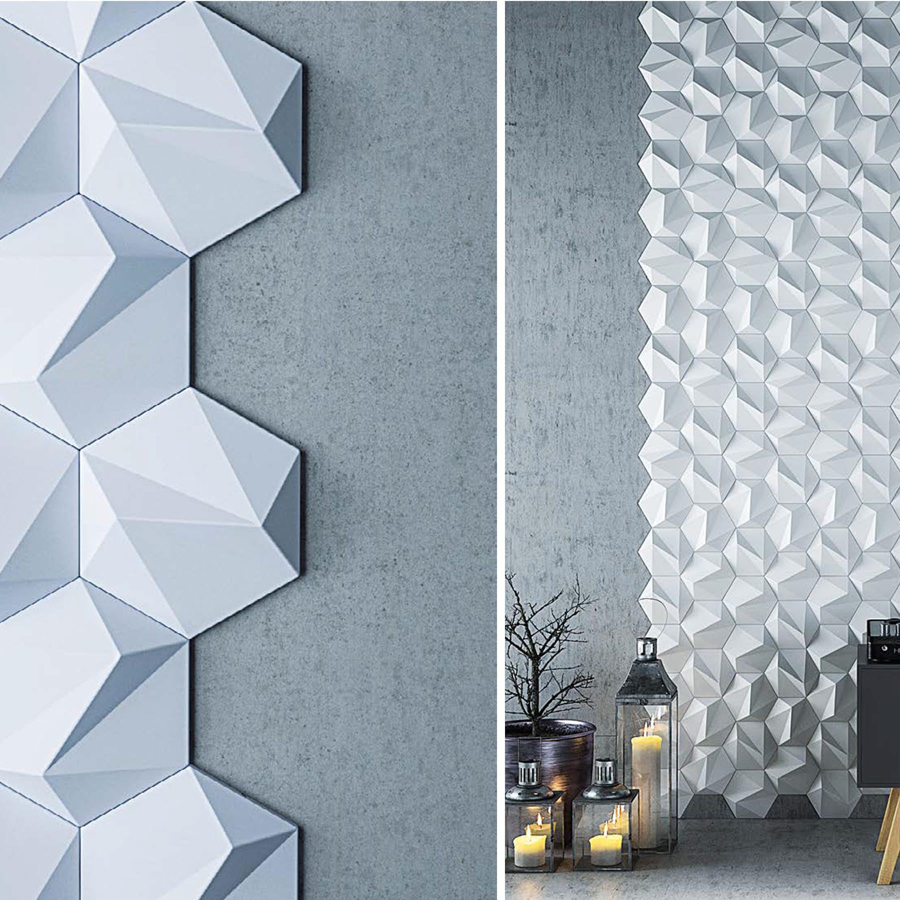 54 paneles de pared 3D, diseño Zeta, forma de pirámide hexagonal (1m²), Blanco