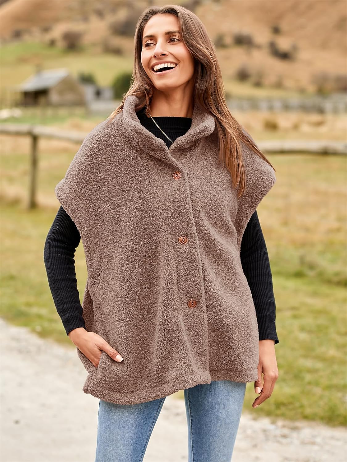 Tanakneo Womens Oversized Fleece Vest Sleeveless Fuzzy Sherpa Jacket Trendy Casual Button Down Warm Vests Outerwear - Image 6