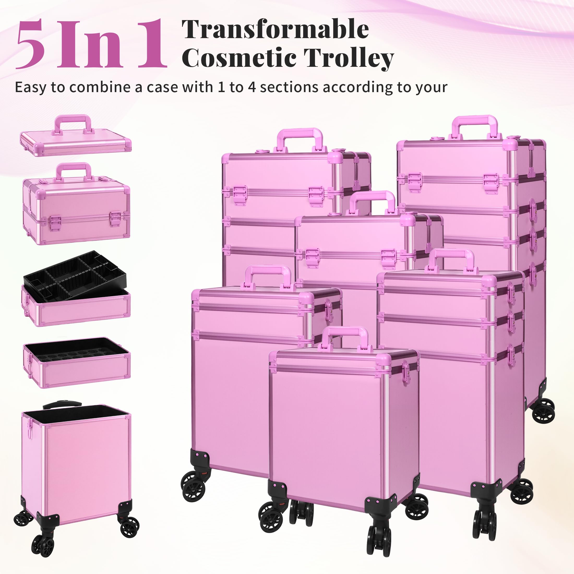 JINGUAN Profesional Rolling Makeup Train Case with Lid, 5 in 1 Cosmetology Case on Wheels, Large Cosmetic Trolley Organizer Travel for Hairstylist Artist Nail Beauty Salon Barber, Gravel Purple