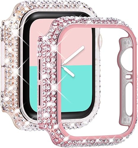 Miniatura 11 de NewWays Paquete de 2 carcasas con diamantes brillantes para Apple Watch de 1.772 pulgadas para mujer, parachoques protector con diamantes totalmente