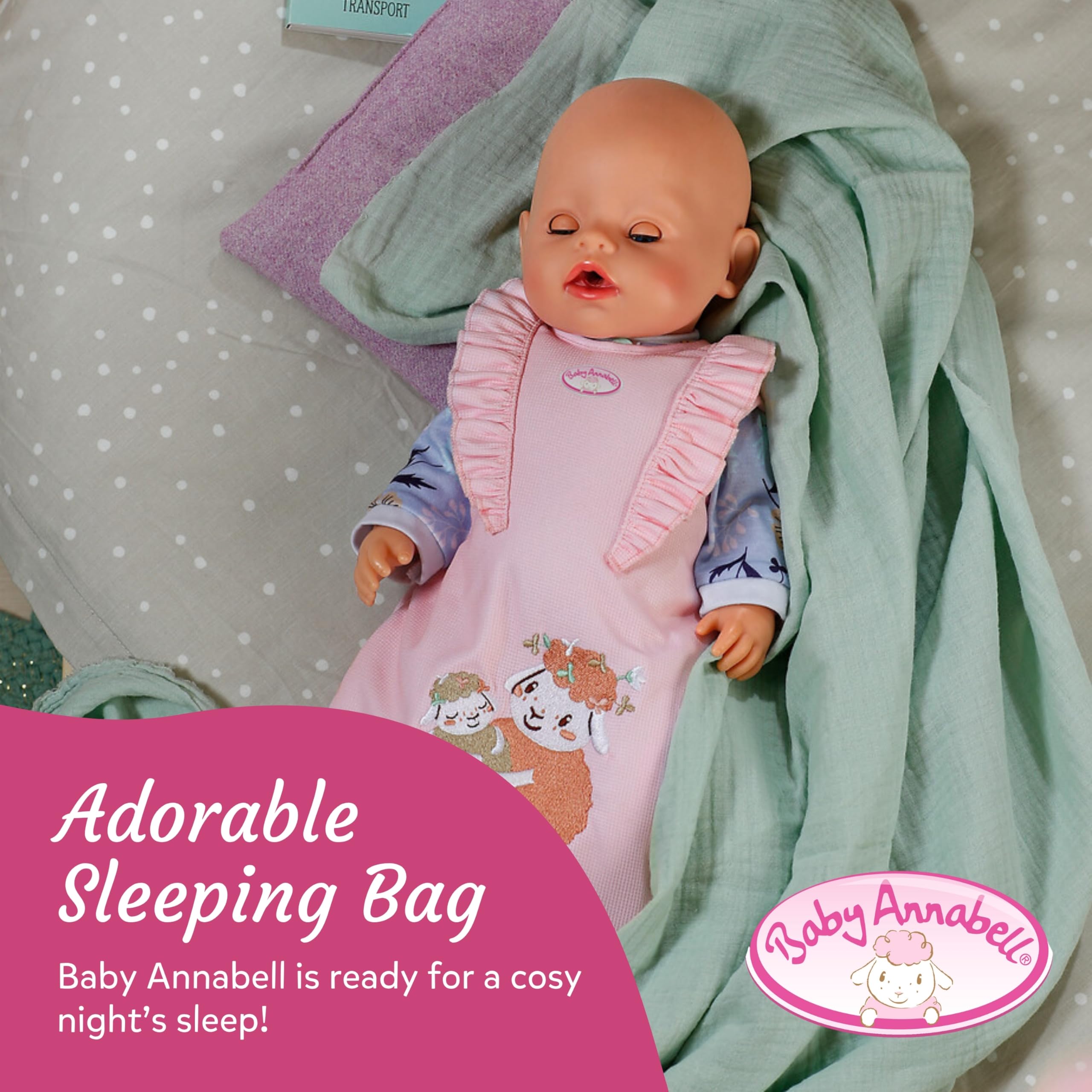 Baby Annabell Sleeping Bag, Pink & floral design, Fits any 36cm & 43cm doll, 100% plastic free packaging doll accessory - Image 2