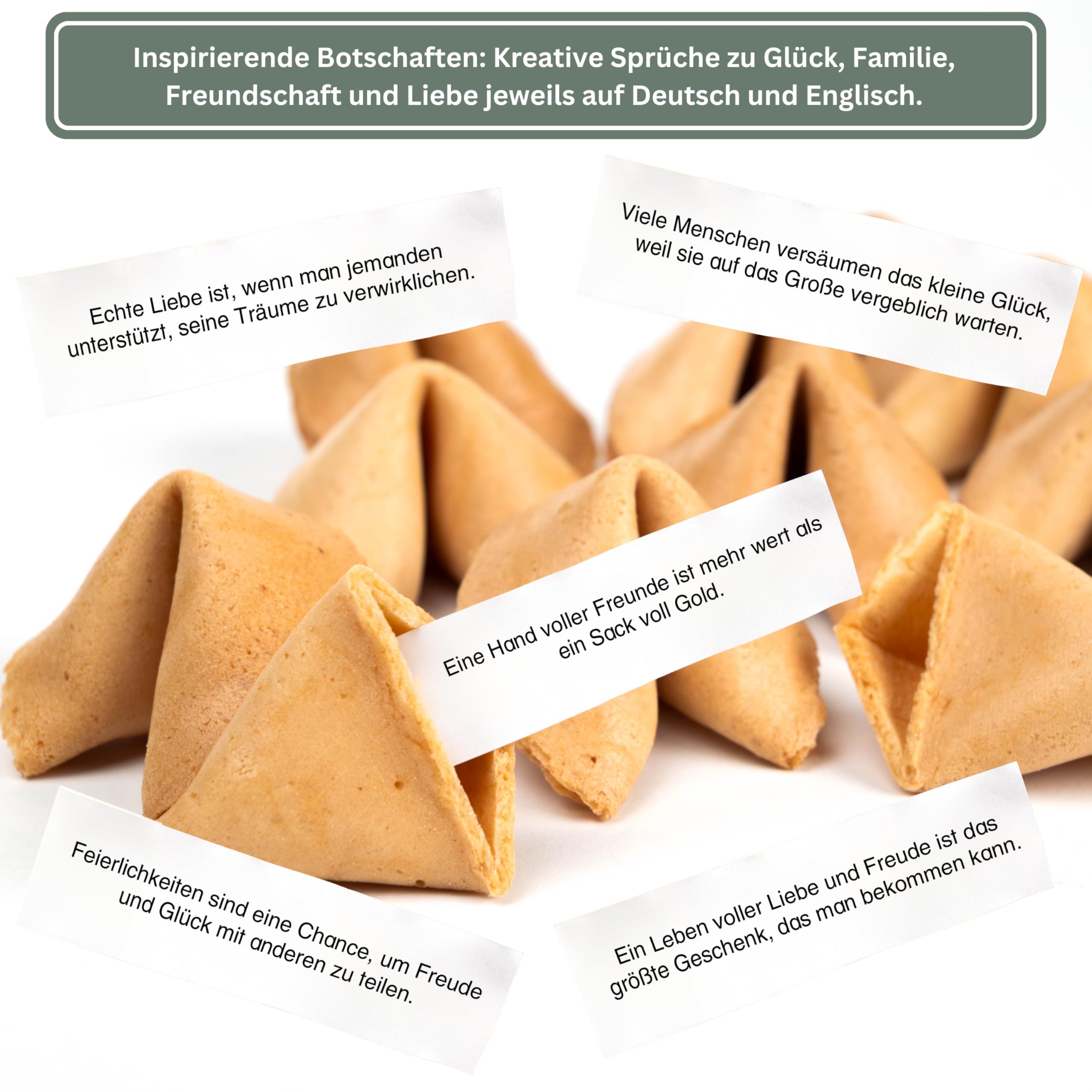 Lucky Treats - Schön, dass du da bist Glückskekse Weiß Eukalyptus - 12er Box - Mit liebevollen Botschaften auf Deutsch und Englisch - Gastgeschenke für Hochzeit & Taufe- Made in Germany