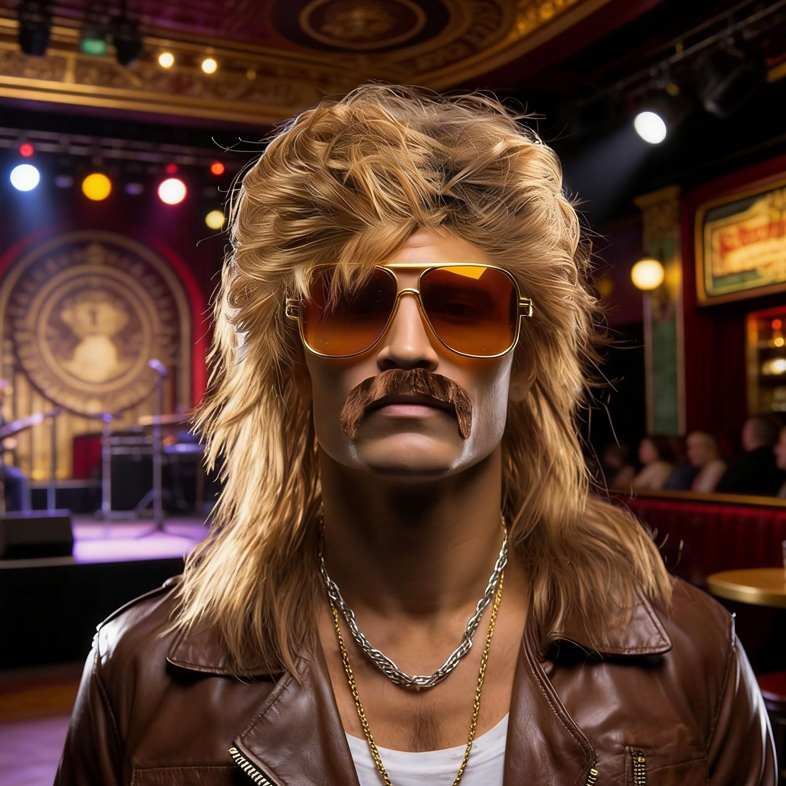 Vokuhila Perücke Herren, 70 80er 90er Jahre Outfit Accessoires, Blond Vokuhila Frisur Perücke mit Bart Brille Halskette, Männer Faschingskostüme für Karneval Halloween Cosplay Rocker Party