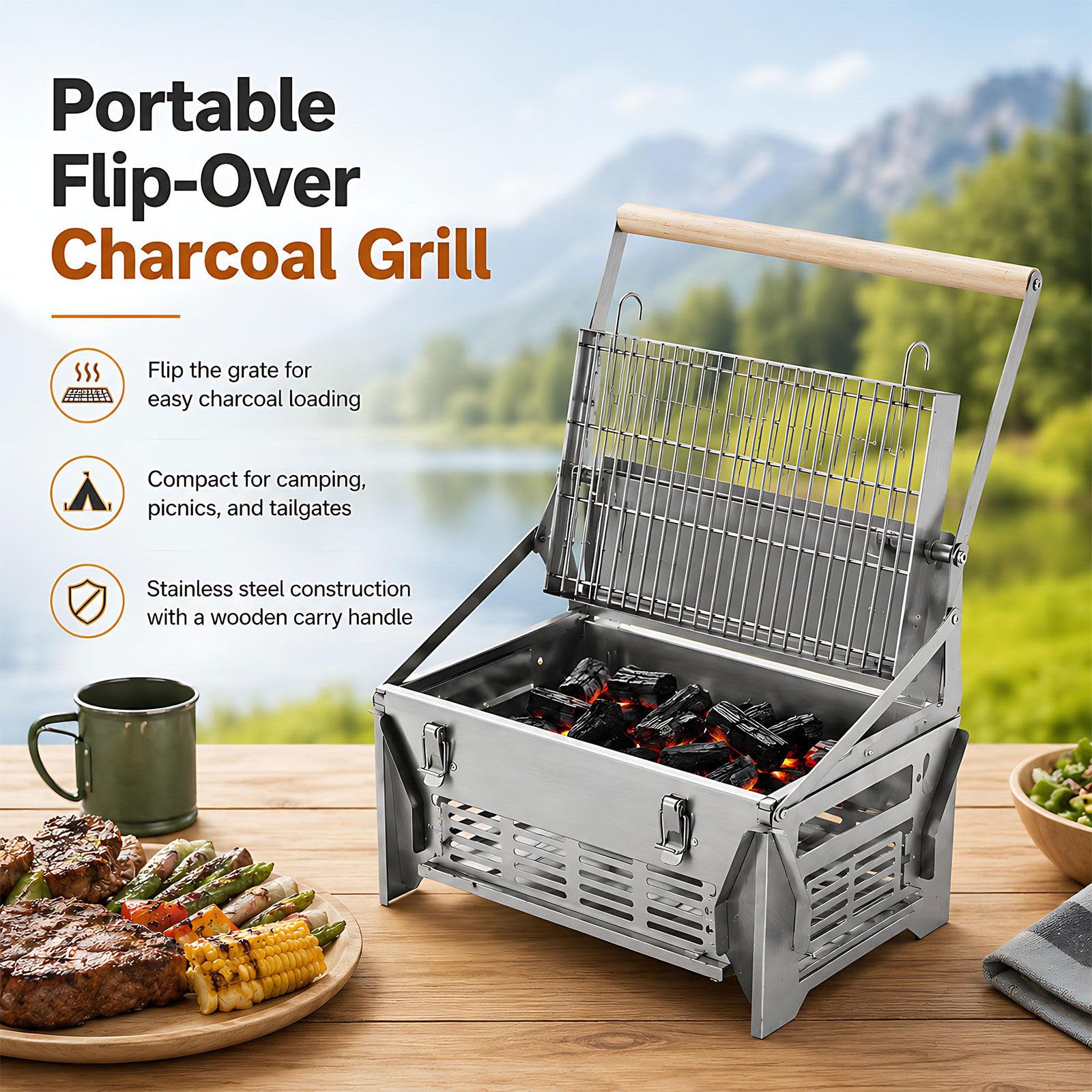 Kompaktowy grill flip do ryb i mięsa, na zewnątrz