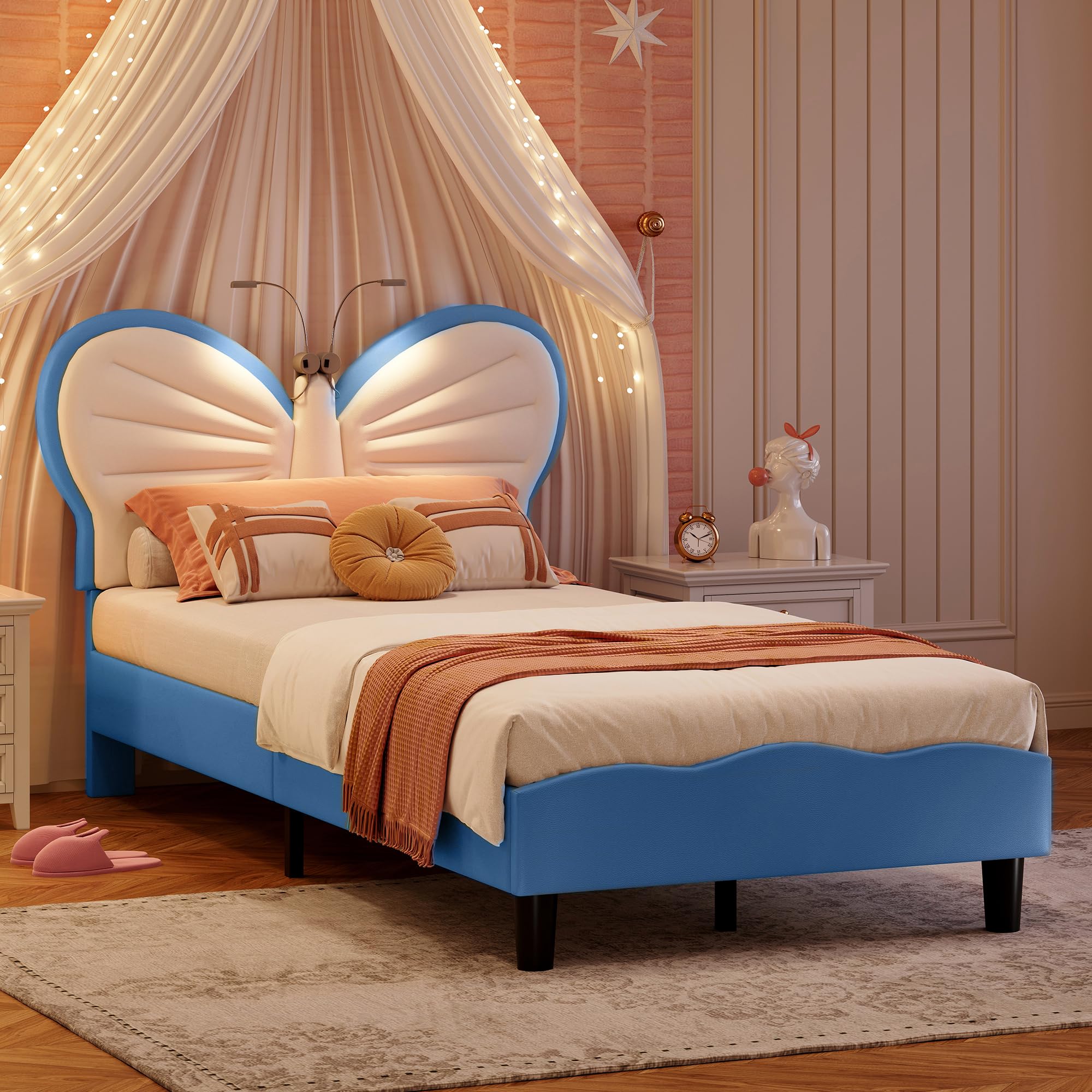 BRILVERDE 3FT Kids Bed 90x190 with Built-in Light, Bed Frame with Soft Padded Headboard, Sturdy Slatted Base, Butterfly Princess Style Bed for Girls Teenagers (Blue Butterfly, 90 x 190 cm) — image 1