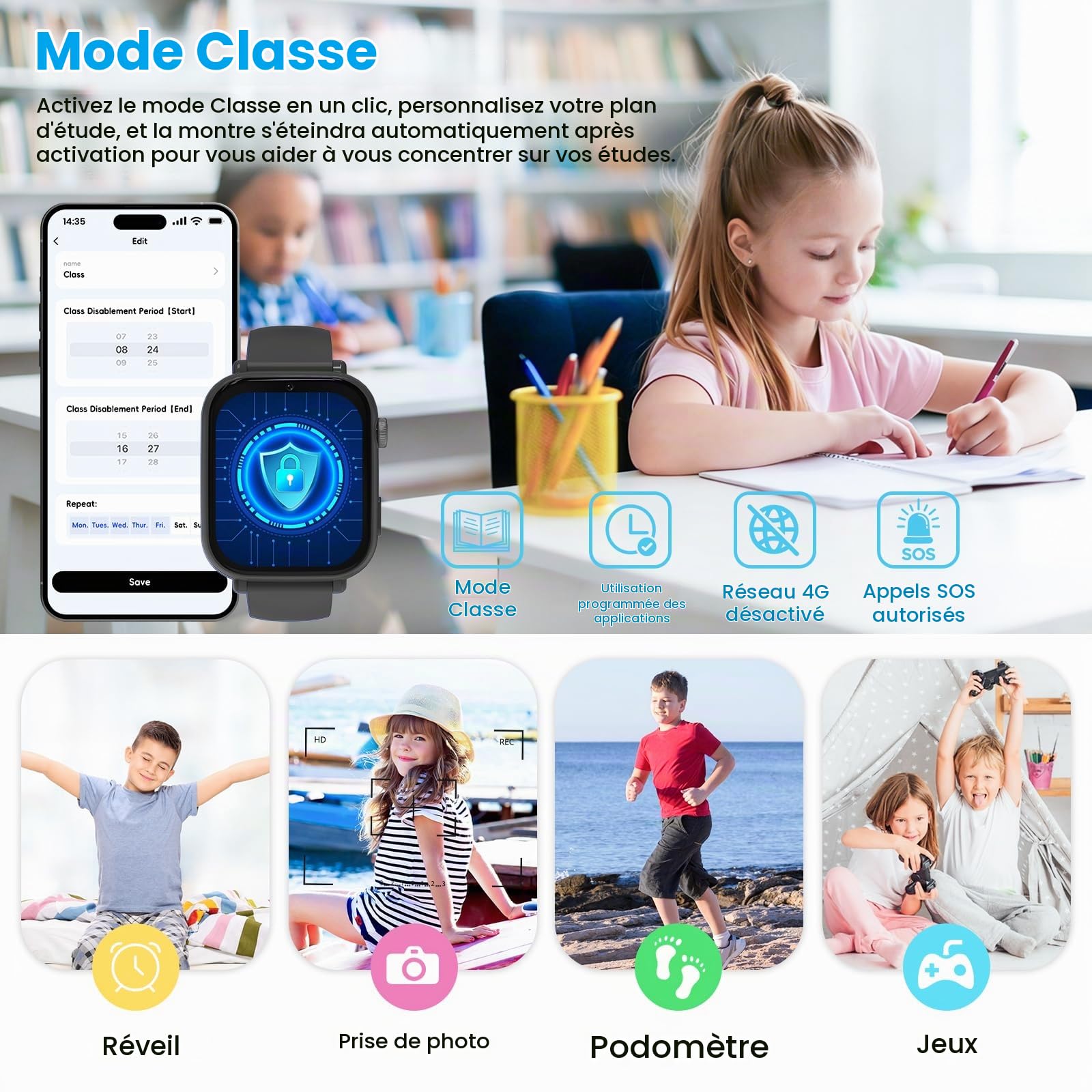 Montre Connectée Enfant GPS 4G, Smartwatch Téléphone pour Filles Garçons avec Téléphone, Vidéo/Voix Chat, SOS, Mode Classe, Alarme, Jeux Montre Intelligente Cadeau Enfants 4-12 Ans, Noir