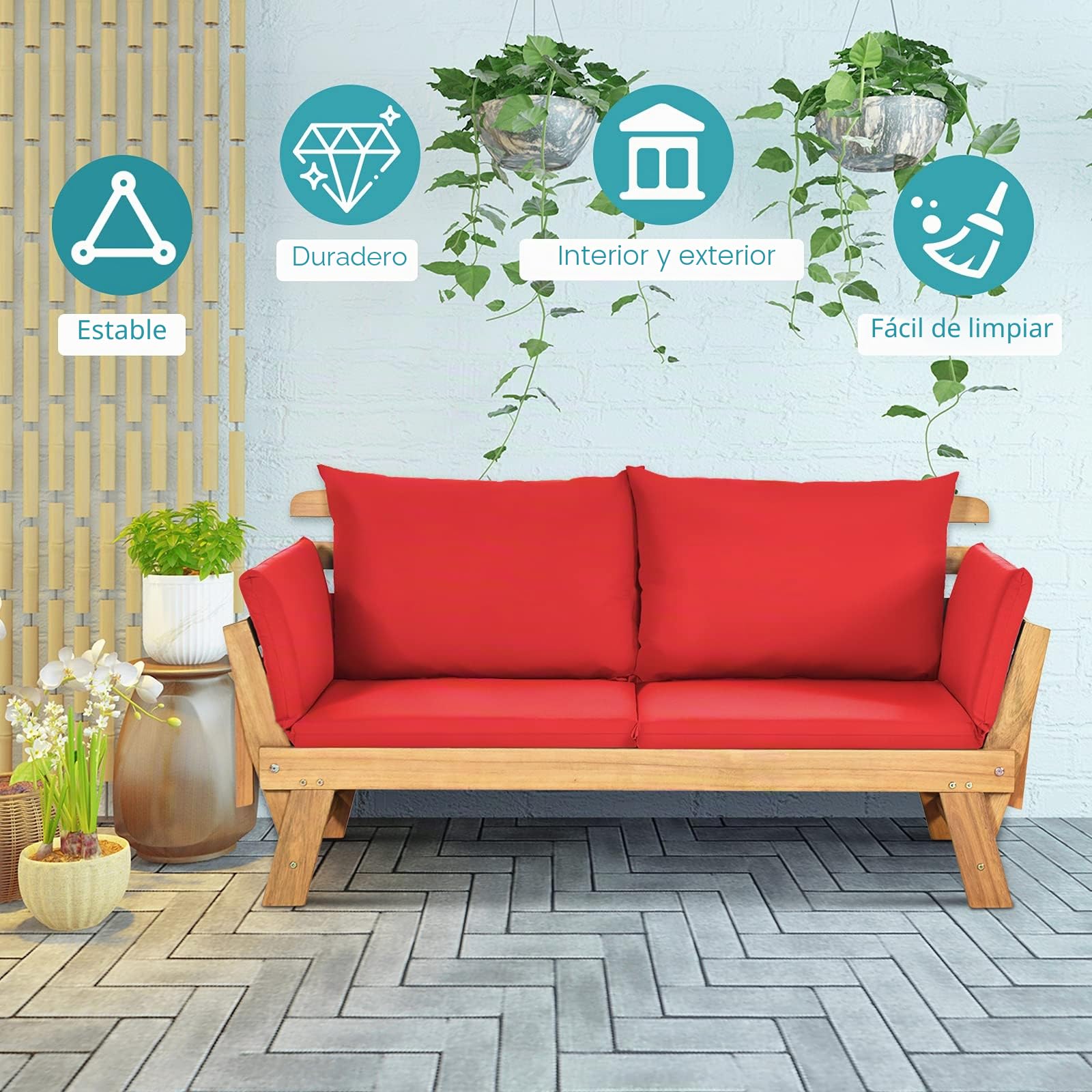 GIANTEX Sofá Cama Plegable de 2 Plazas con Cojines, Sofá Doble Convertible en Cama, Marco de Madera de Acacia, Banco para 2 Personas, para Balcón, Patio, Jardín (Rojo)