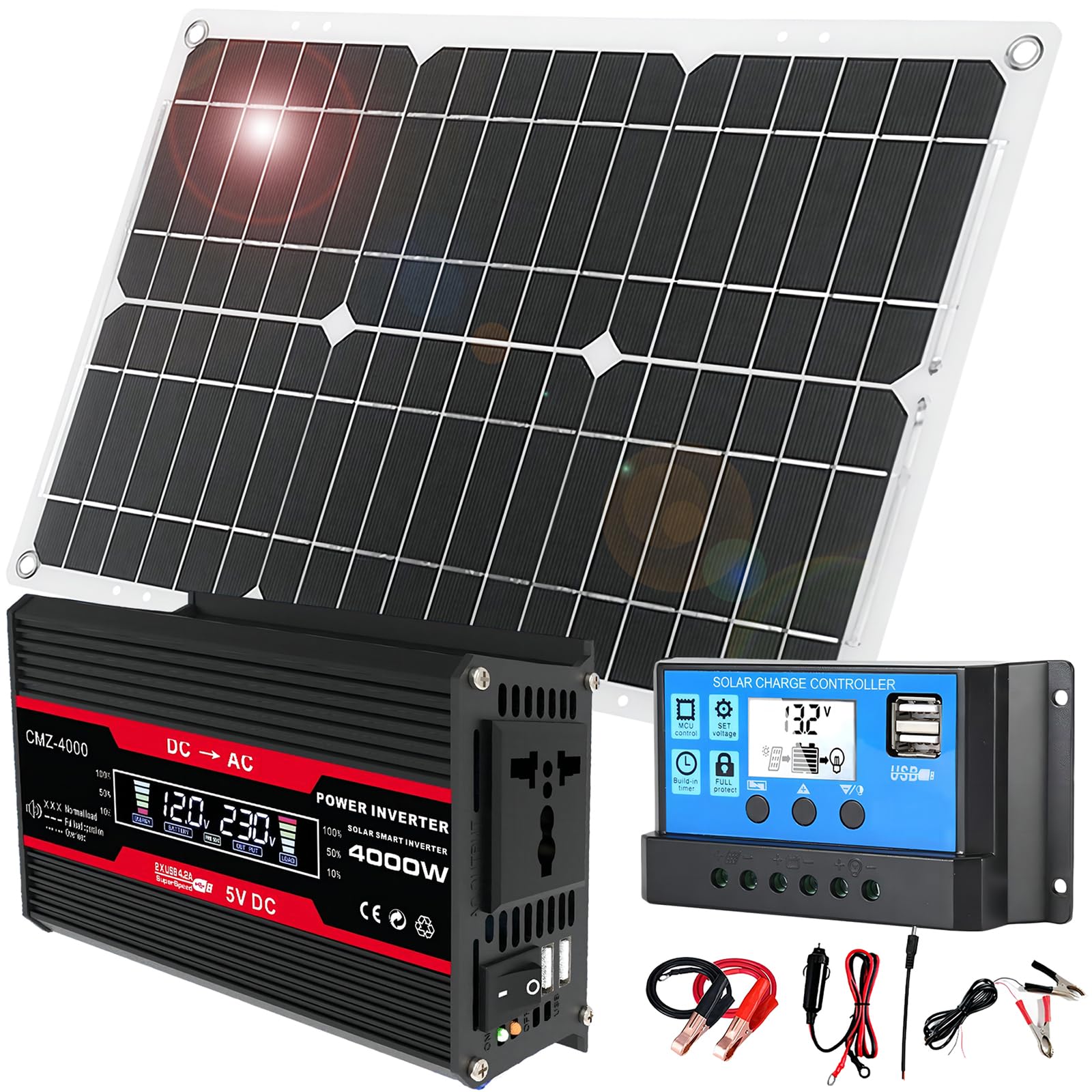 18W 12V RV Solar Panel Kit with 4000W Inverter and 30A Charge Controller, Portable Solar Generator for Motorhomes, Camping and Outdoor Emergencies(Black)