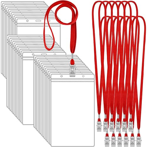 Thenshop 50 Pack Large 4 x 8 Inch Ticket Event Credential Badge Holders with Lanyard Bulk, Clear Waterproof Plastic Big Credential ID Protector Sleeves for Sporting Events Concerts Tickets(Red)