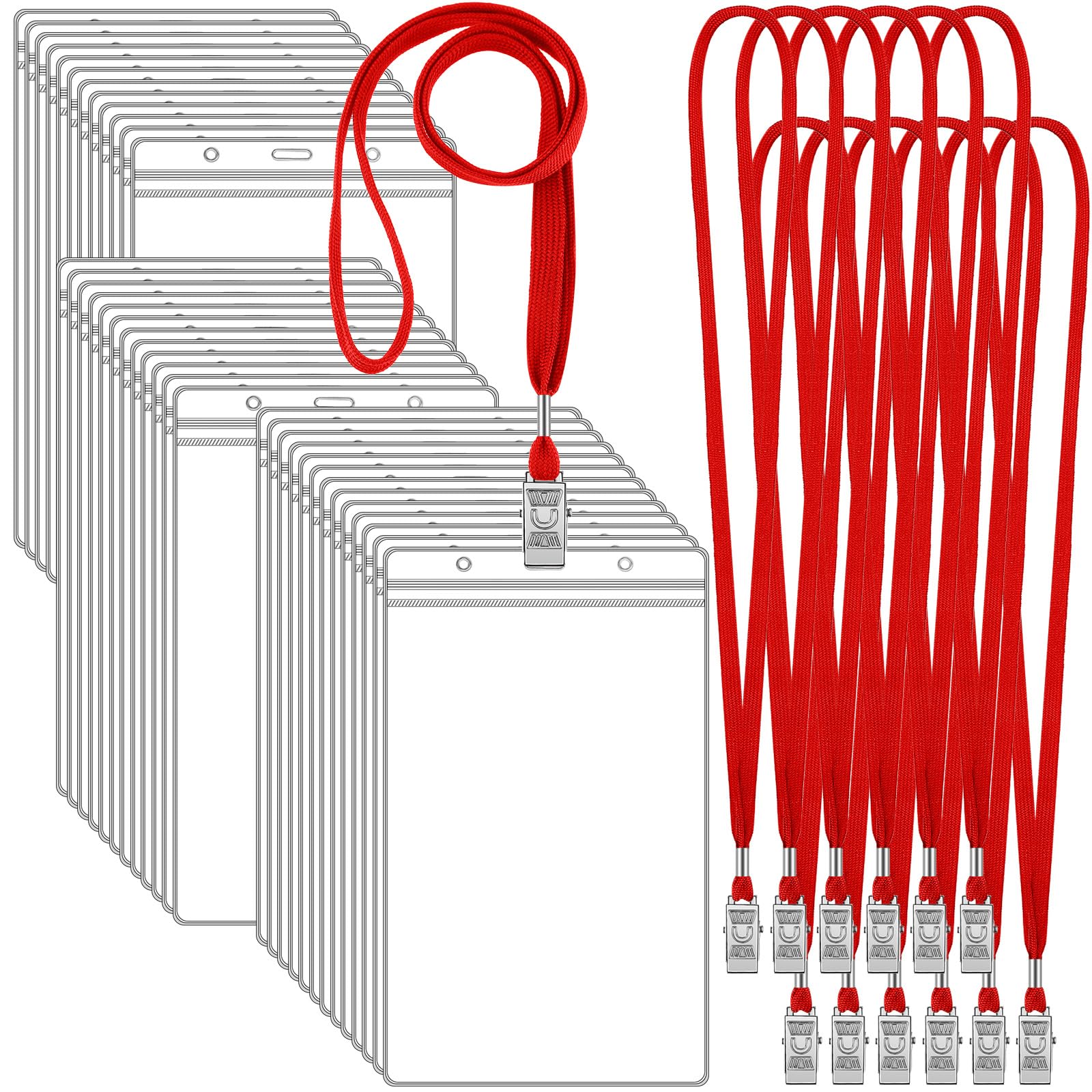 Thenshop 50 Pack Extra Large 4 x 8 Inch Plastic Badge Holder with Lanyard Bulk PVC Ticket Event Credential Protector Sleeves Clear Waterproof ID Card