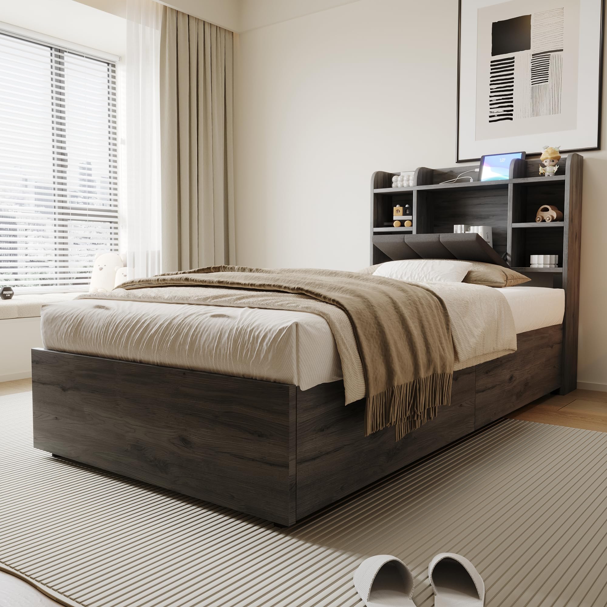 Mrwoo Cama de Madera 90x200cm, Cama Hidráulica con USB, Cabecero con Espacio de Almacenamiento, Gris (Cama Sin Colchón)