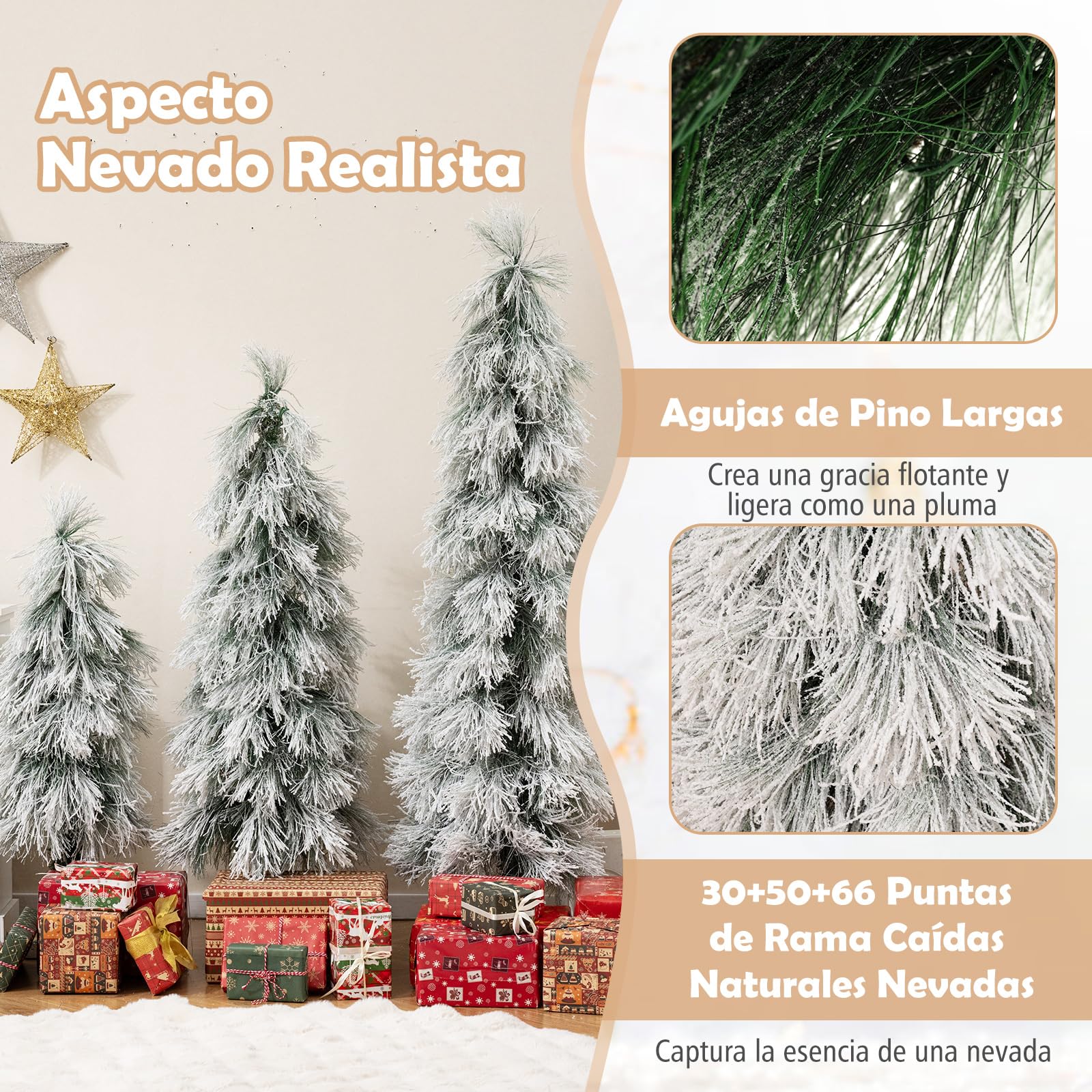 COSTWAY Juego de 3 Árboles de Navidad Nevado 90cm, 120cm y 150cm, Arbol de Navidad con Luces Incorporadas, 30, 50 y 70 Luces LED, Agujas de Pino, Christmas Tree w/Light
