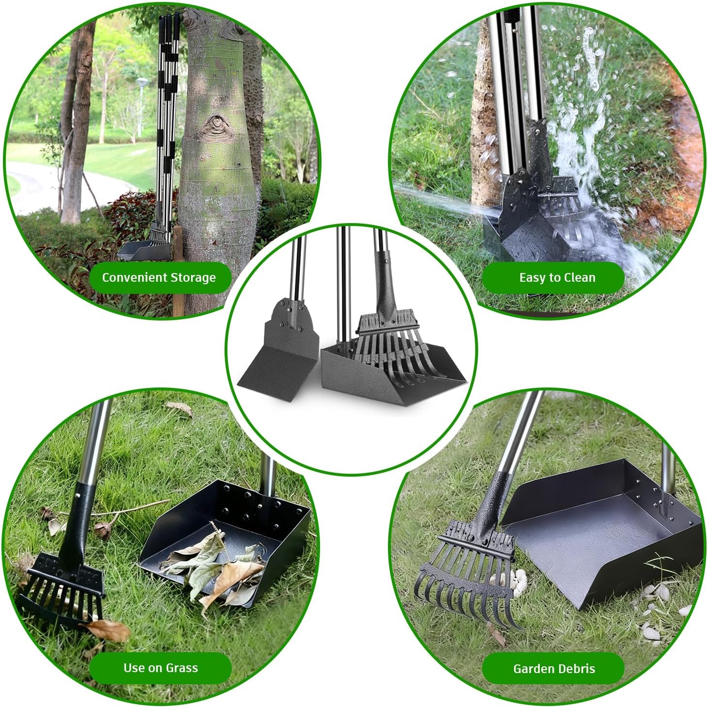 Pooper Scooper, Long Handle Dog Pooper Scooper, Heavy Duty Stainless Steel Rake, Tray & Spade Set for Pet Waste Removal, Use on Grass, Dirt or Gravel