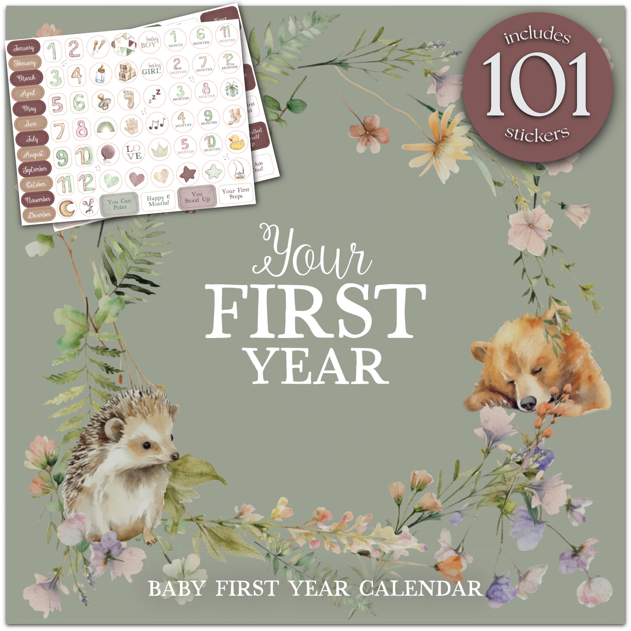 Baby erstes Jahr Kalender mit 100 Aufklebern - Waldtiere 1. Jahre Wandkalender mit Aufklebern, Baby Tracker, Baby Scrapbook für neue Mutter und Neugeborene Jungen & Mädchen