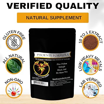 Phoenix Rejuvenation Formula - Lost Empire Herbs Energy Blend of 4 Top Natural Health Herbs Pine Pollen, He Shou Wu, Ant, and Shilajit (100g Powder)