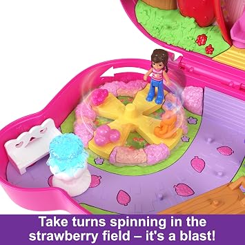 Polly Pocket Playset with 2 Micro Dolls & 12 Accessories, Straw-Beary Patch Compact Travel Toy with Fidget Exterior