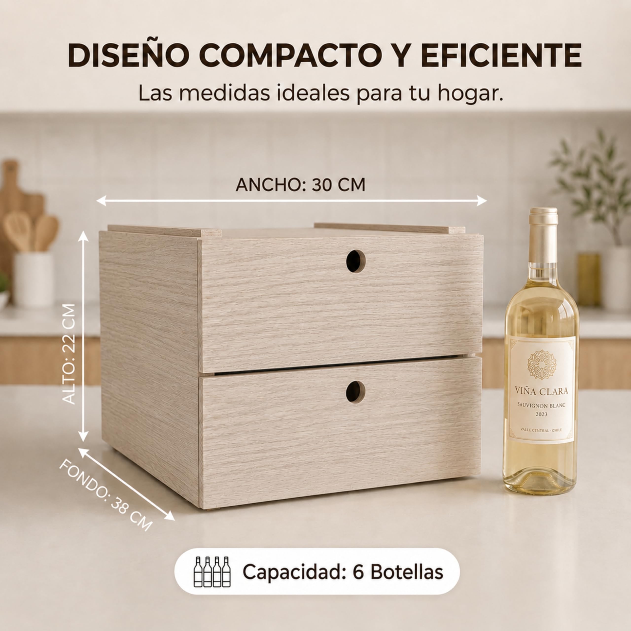 246000 - Botellero Caja para 6 Botellas, Madera, Color Roble Claro