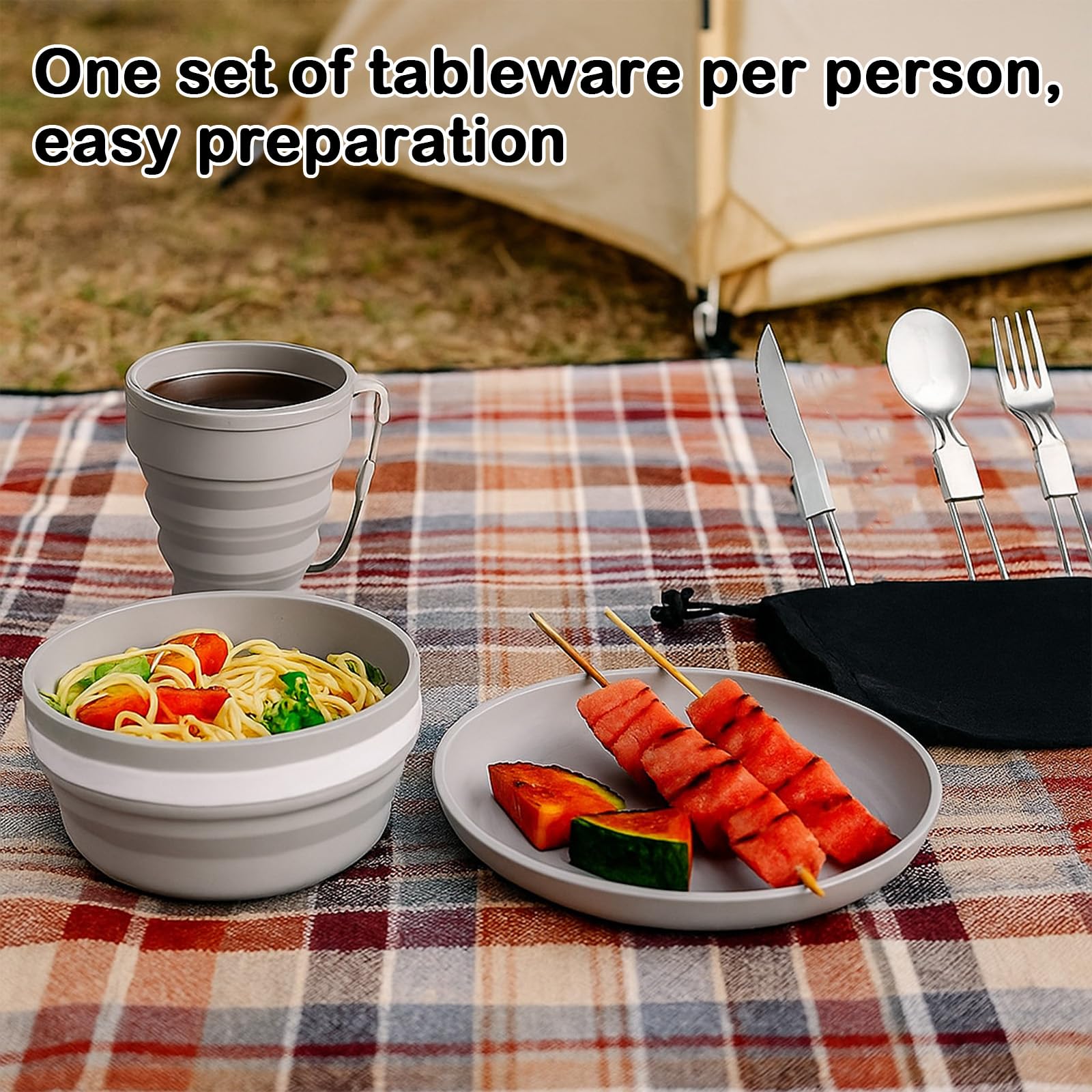 Set da campeggio pieghevole 6 in 1 – Contiene coltello, cucchiaio, forchetta acciaio inox, tazza, scodella, piatto e rete. Perfetto per viaggi, trekking, picnic e campeggio