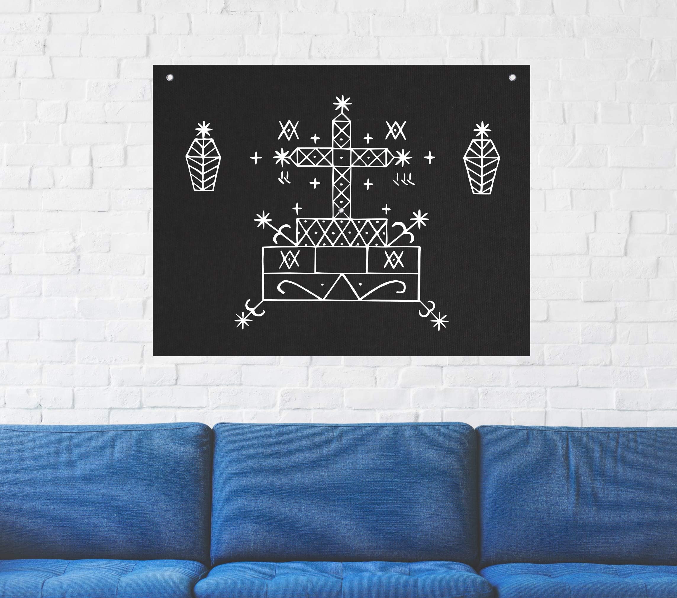 Baron Samedi Voodoo Veve Wall Tapestry - Goat Skull Sigil of Lucifer Pentagram Dragon Demon Evil Mendes Goat's Head Gothic Metal Occult Punk Satan Satanic Death Wicca Baphomet Leviathan Cross Inverted