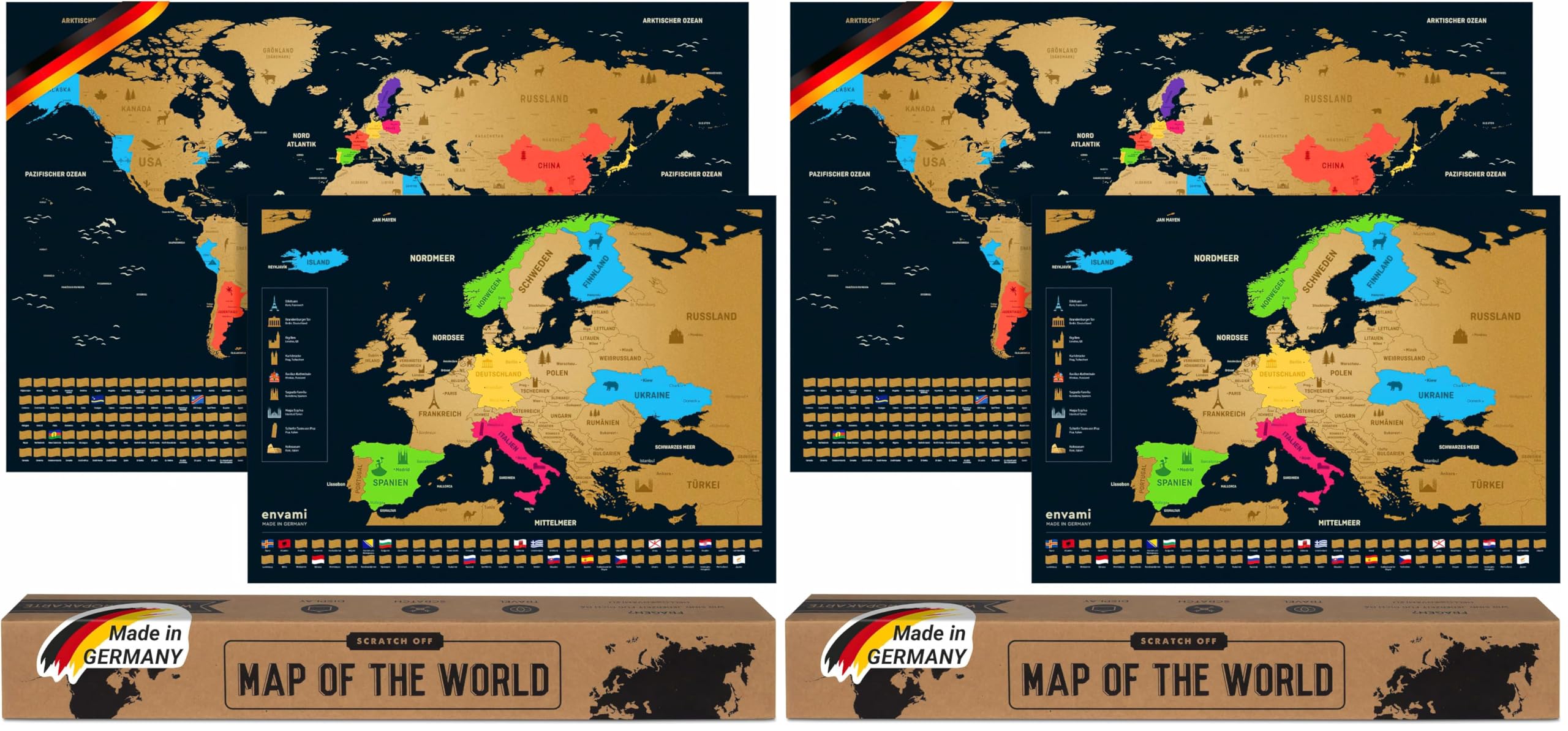 Weltkarte zum Rubbeln I Mit Europakarte I Deutsch I Gold I 68x43cm I Scratch off Map I Landkarte zum Rubbeln I zum Freirubbeln I Rubbelweltkarte zum Freikratzen (Packung mit 2)