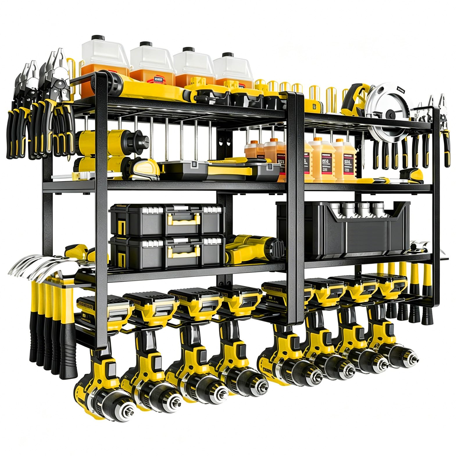 Supporto da parete a 4 livelli, organizer per utensili elettrici, trapani a batteria, robusto portautensili in metallo, 83,5 x 42 x 20 cm, nero, per garage, officina, cantina