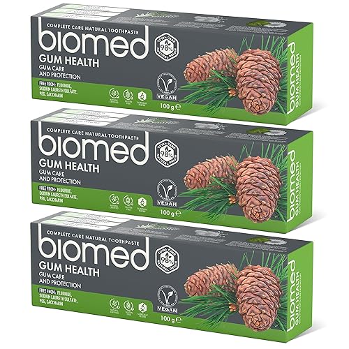 Pasta de dientes 98% natural Biomed Salud de encías | Fortalecimiento y protección de encías | Aceites esenciales de salvia, eucalipto, romero y cedro, apto para veganos, sin SLES 3x100 g (Pack de 3) - Gum Health - 100 g (Paquete de 3)