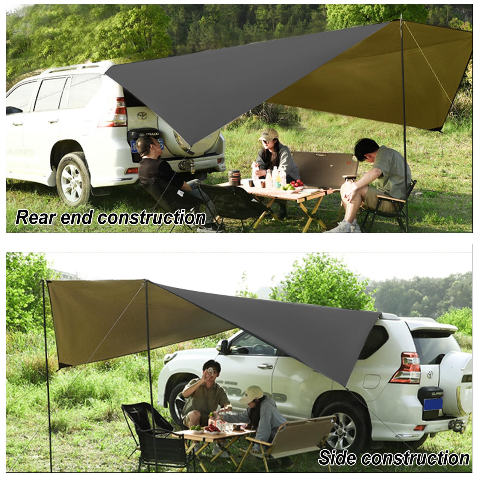 Toldo Coche, 280 x 380 cm Toldo para Portón Trasero y Lateral Impermeable, para Furgonetas y Autocaravanas (Negro)