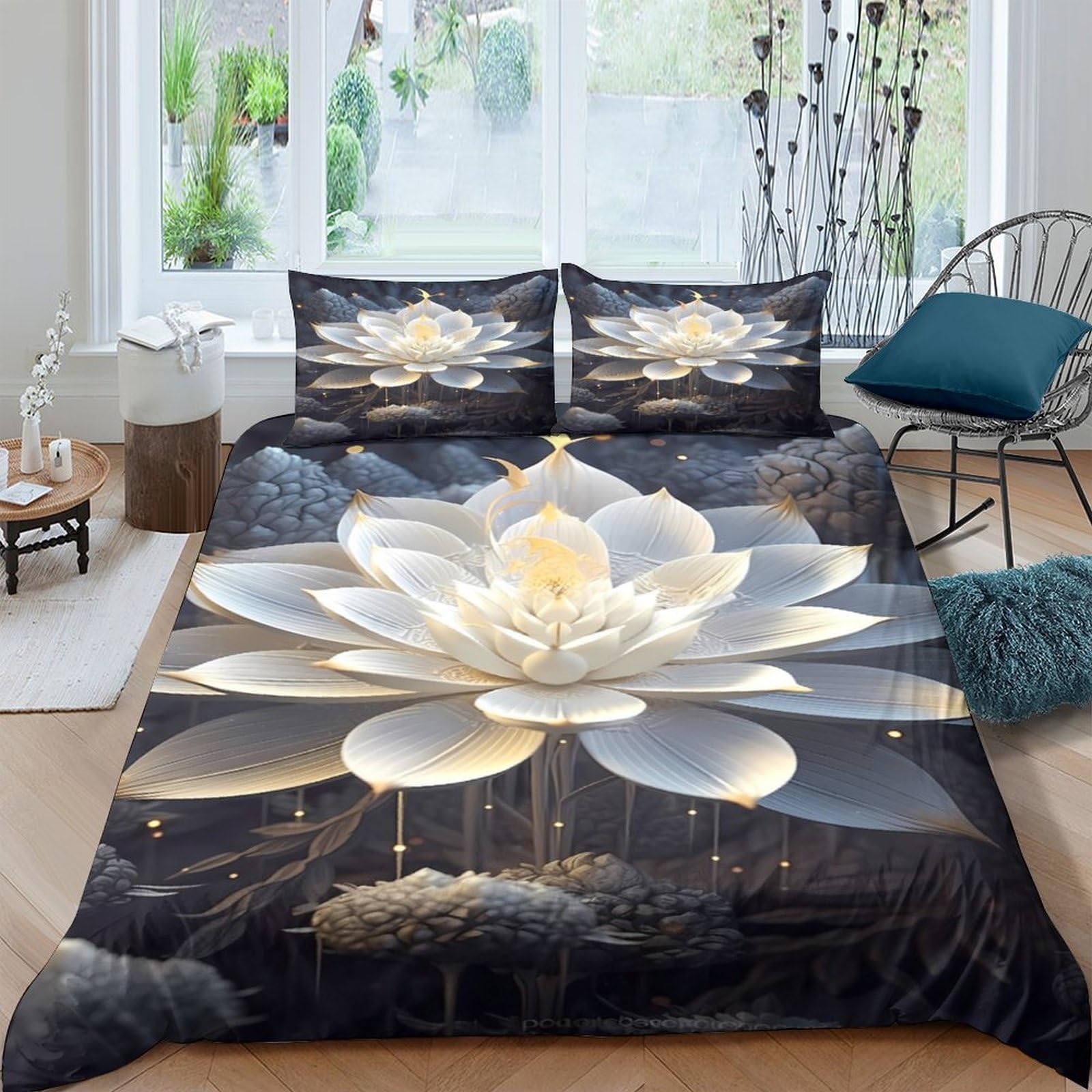 GPLZQXKJNH 3D Printed White Lotus Duvet Cover Microfiber Soft Breathable Golden Lotus Bedding Set with 2 Pillowcases for Bedroom Decor Single（135x200cm）