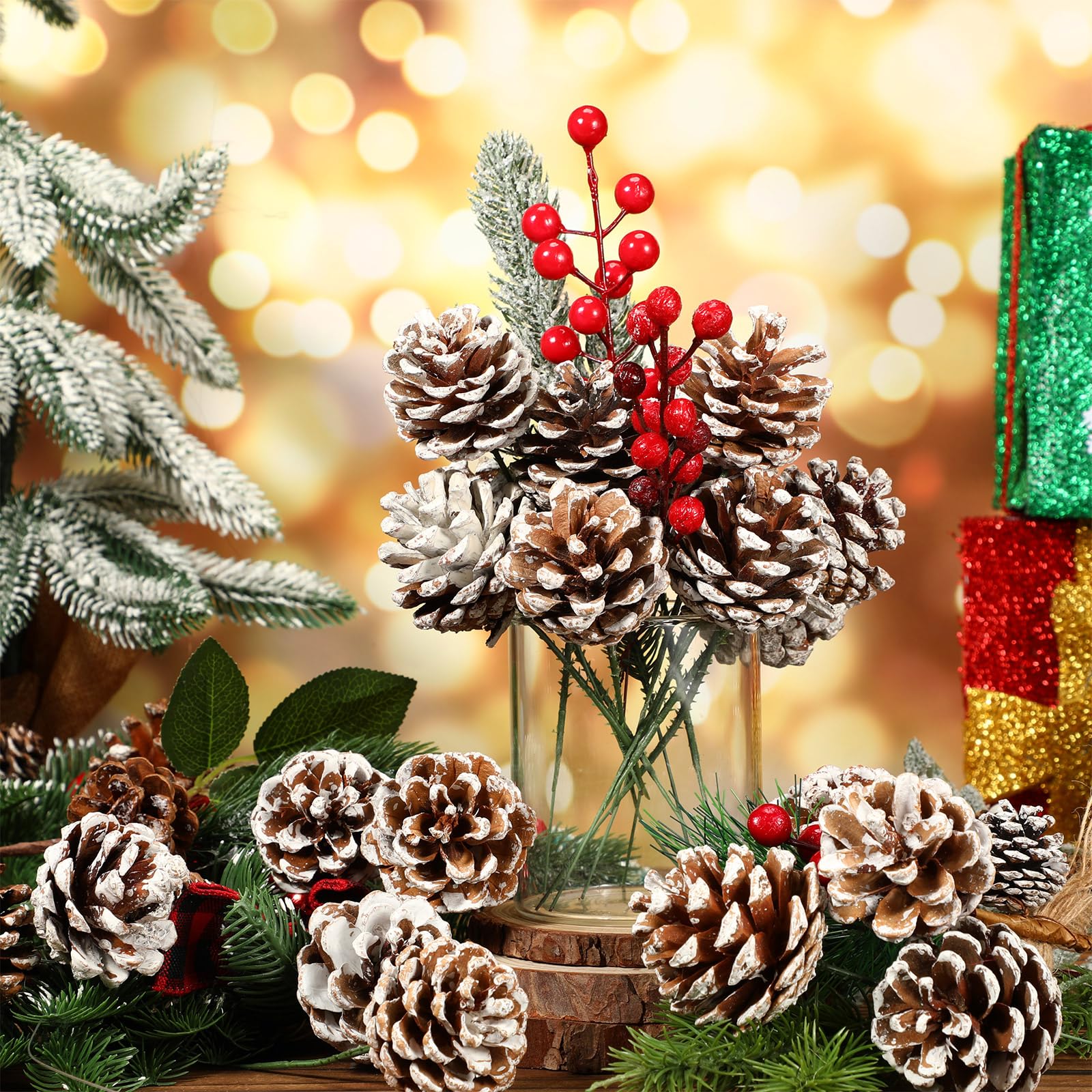 Leyndo 60 piñas naturales de Navidad, piñas de nieve, piñas de pino de Navidad, 3 tamaños, decoración de cono de pino para guirnalda, árbol de Navidad, adornos de vacaciones de invierno, decoración