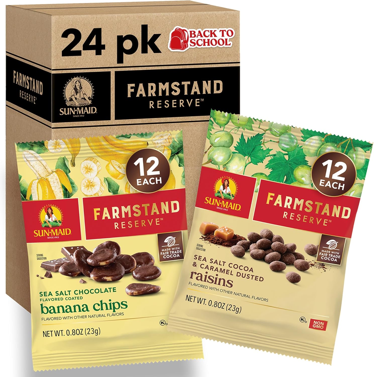 Sun-Maid Farmstand Reserve 24 Count Variety Pack - 0.8 oz Snack Bag – (12) Sea Salt Cocoa & Caramel Dusted Raisins + (12) Sea Salt Chocolate Coated Banana Chips (Amazon Exclusive)