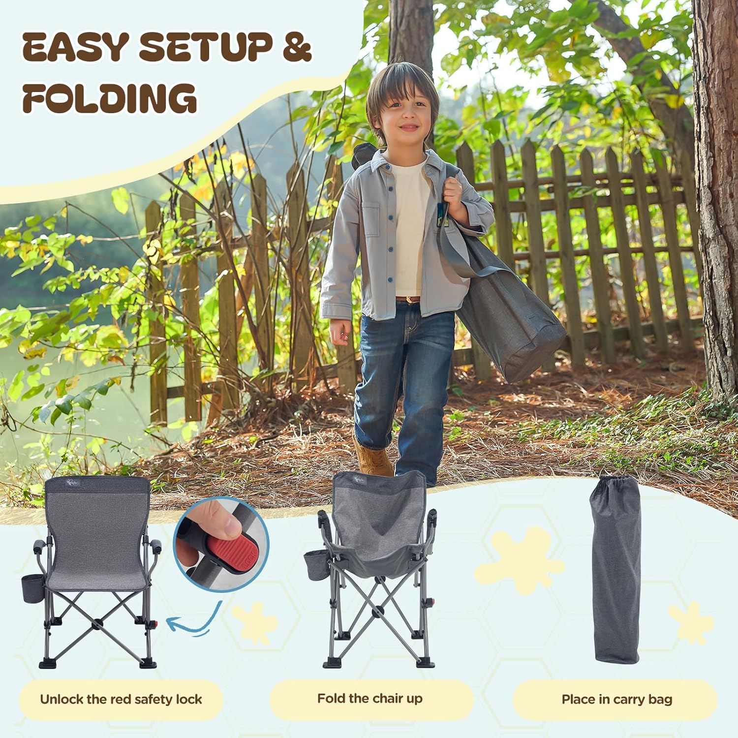 Busy Bee Oversized Kids Camping Chair with Cup Holder, High Back Toddler Chair Kids Folding Chair, Perfect for Beach & Outdoor, Supports 150 Lbs.