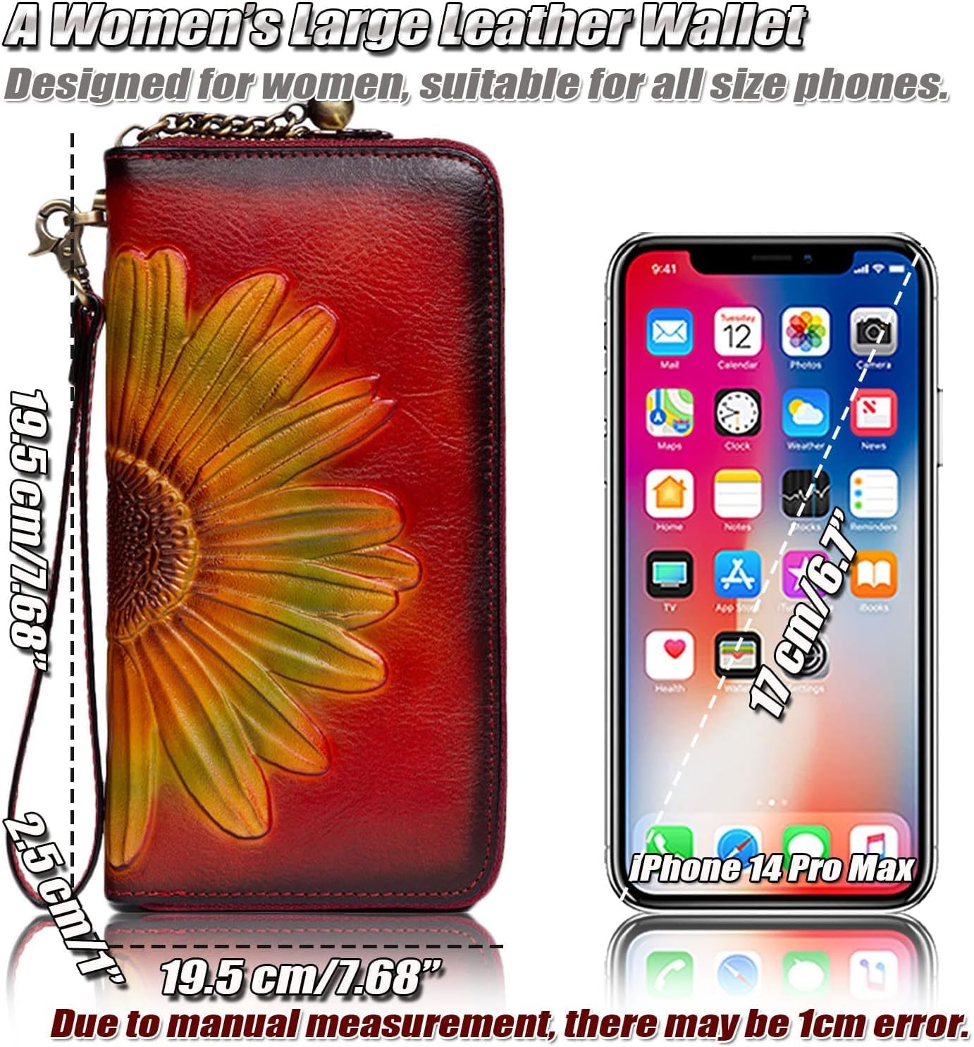 [AMVIKS] 女性の花柄レザーウォレット、ジップアラウンド携帯電話リストレットクラッチ財布、RFID ブロッキングカードホルダー